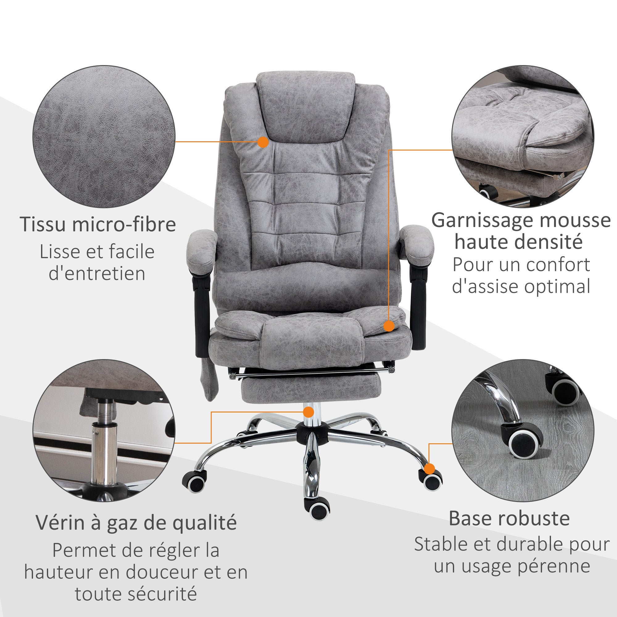 Fauteuil de bureau massant et chauffant, chaise de bureau ergonomique hauteur réglable, dossier inclinable, repose-pieds, télécommande filaire, pivotant 360°, tissu en microfibre, gris