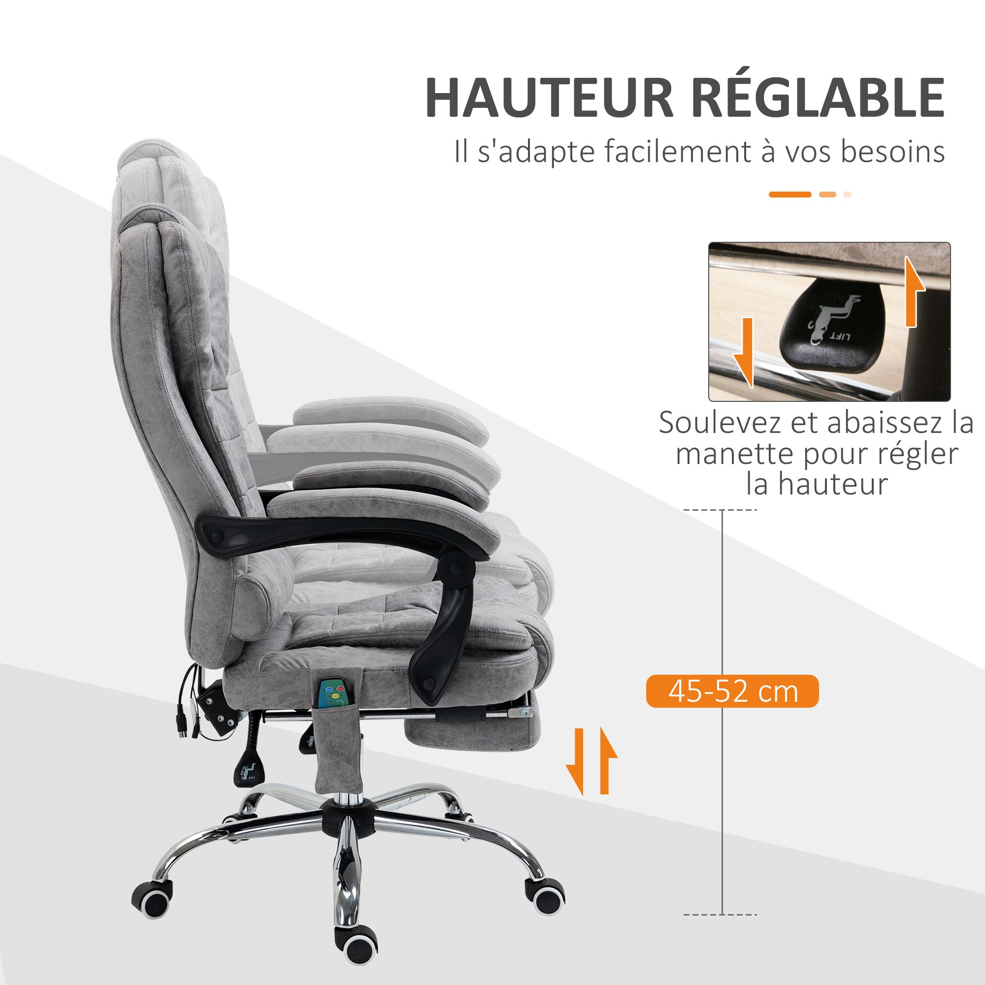 Fauteuil de bureau massant et chauffant, chaise de bureau ergonomique hauteur réglable, dossier inclinable, repose-pieds, télécommande filaire, pivotant 360°, tissu en microfibre, gris