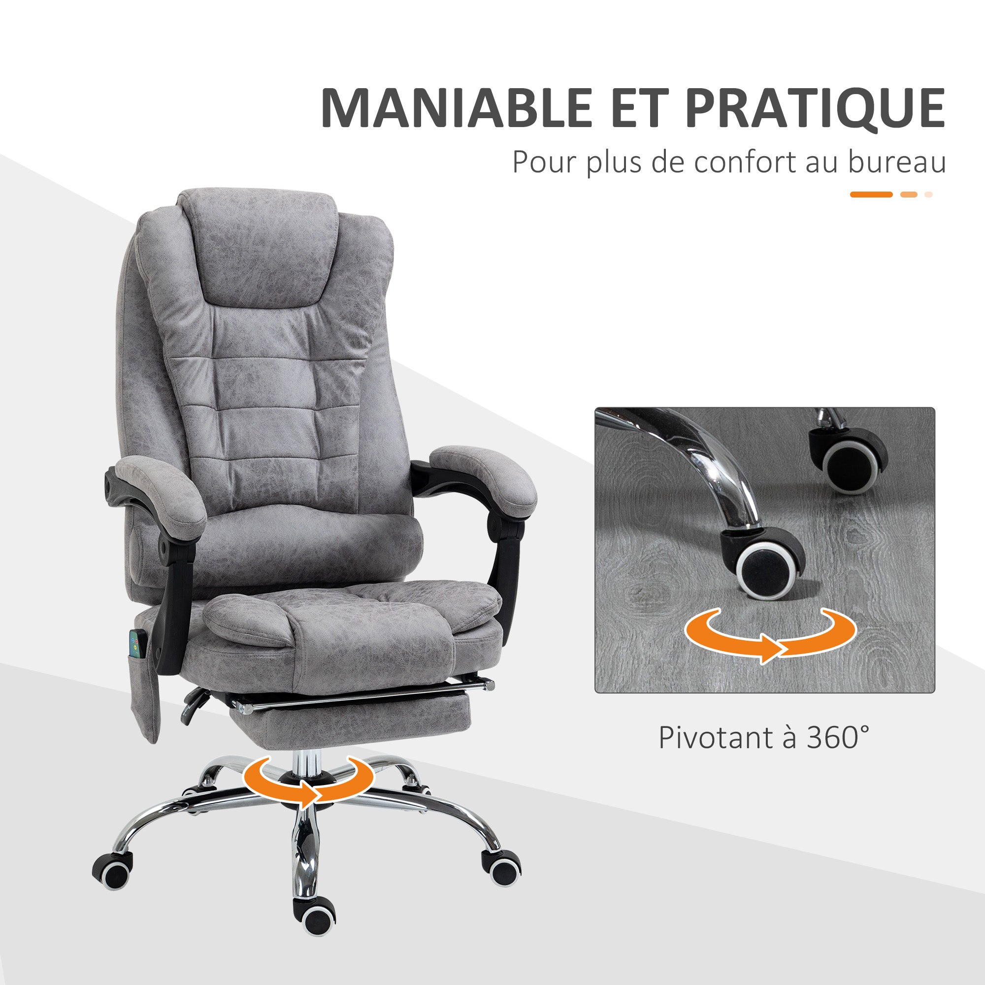Fauteuil de bureau massant et chauffant, chaise de bureau ergonomique hauteur réglable, dossier inclinable, repose-pieds, télécommande filaire, pivotant 360°, tissu en microfibre, gris