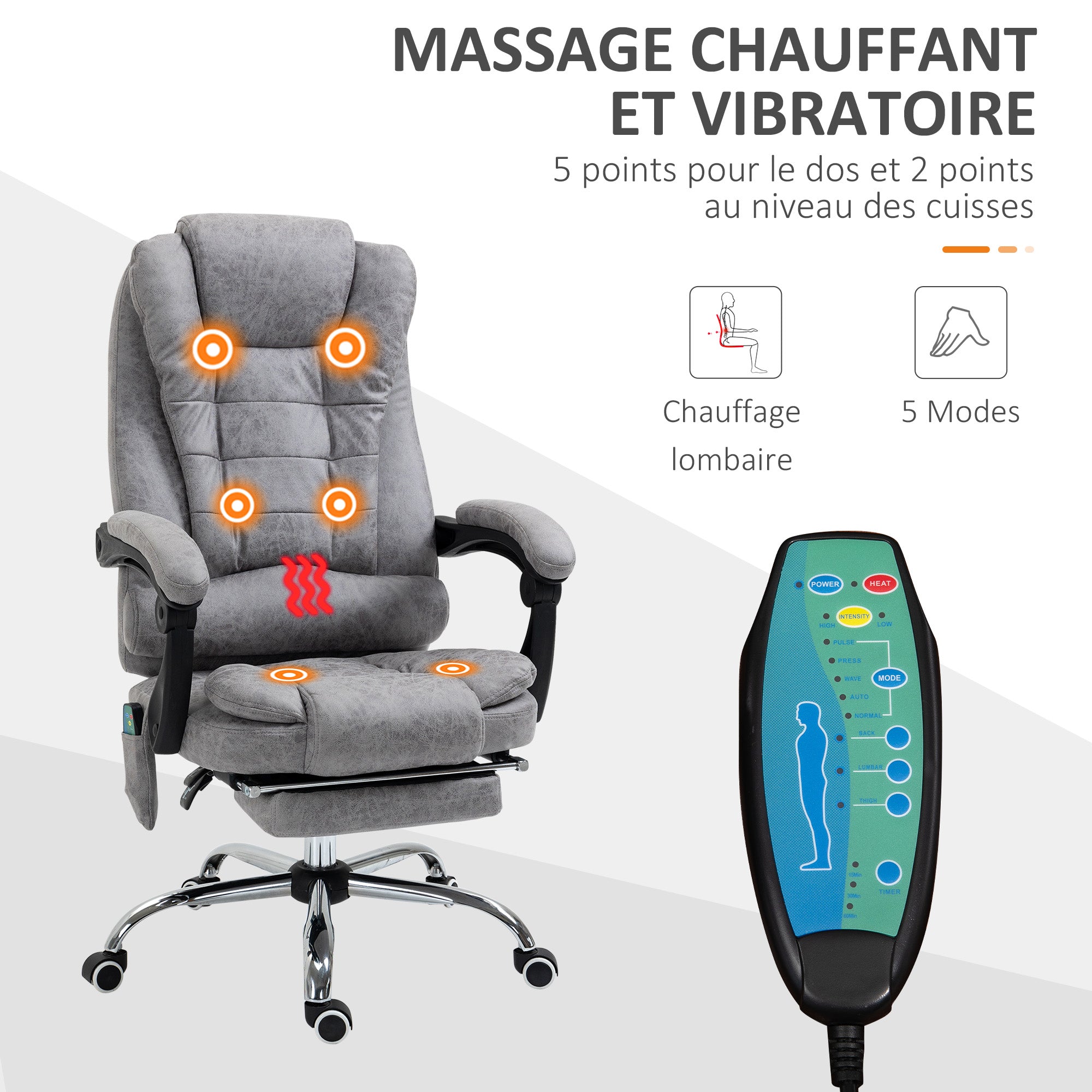 Fauteuil de bureau massant et chauffant, chaise de bureau ergonomique hauteur réglable, dossier inclinable, repose-pieds, télécommande filaire, pivotant 360°, tissu en microfibre, gris