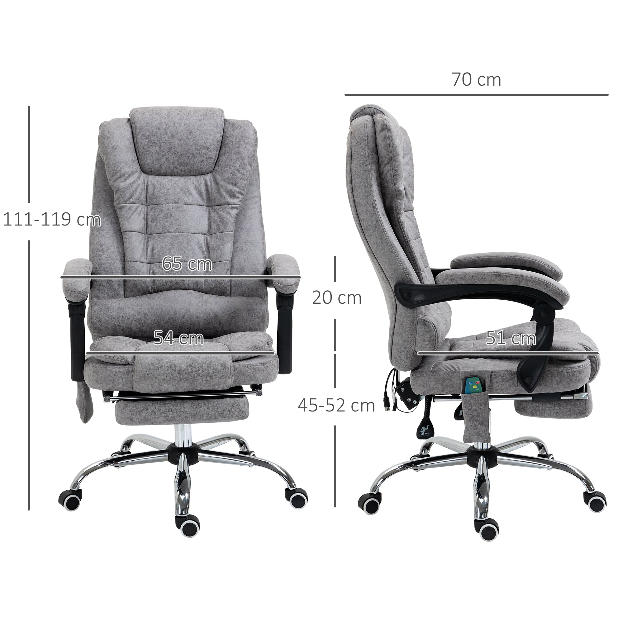 Fauteuil de bureau massant et chauffant, chaise de bureau ergonomique hauteur réglable, dossier inclinable, repose-pieds, télécommande filaire, pivotant 360°, tissu en microfibre, gris