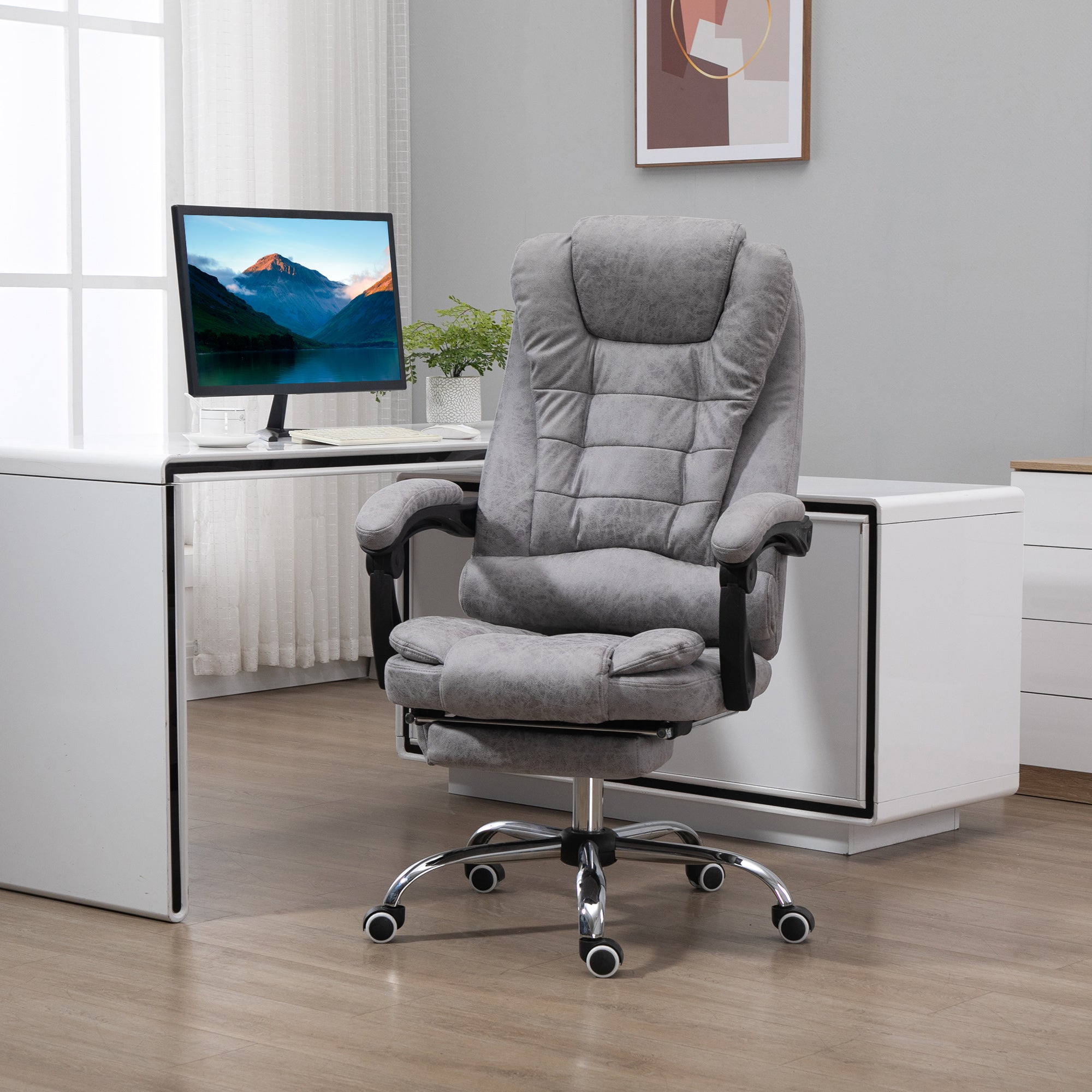 Fauteuil de bureau massant et chauffant, chaise de bureau ergonomique hauteur réglable, dossier inclinable, repose-pieds, télécommande filaire, pivotant 360°, tissu en microfibre, gris