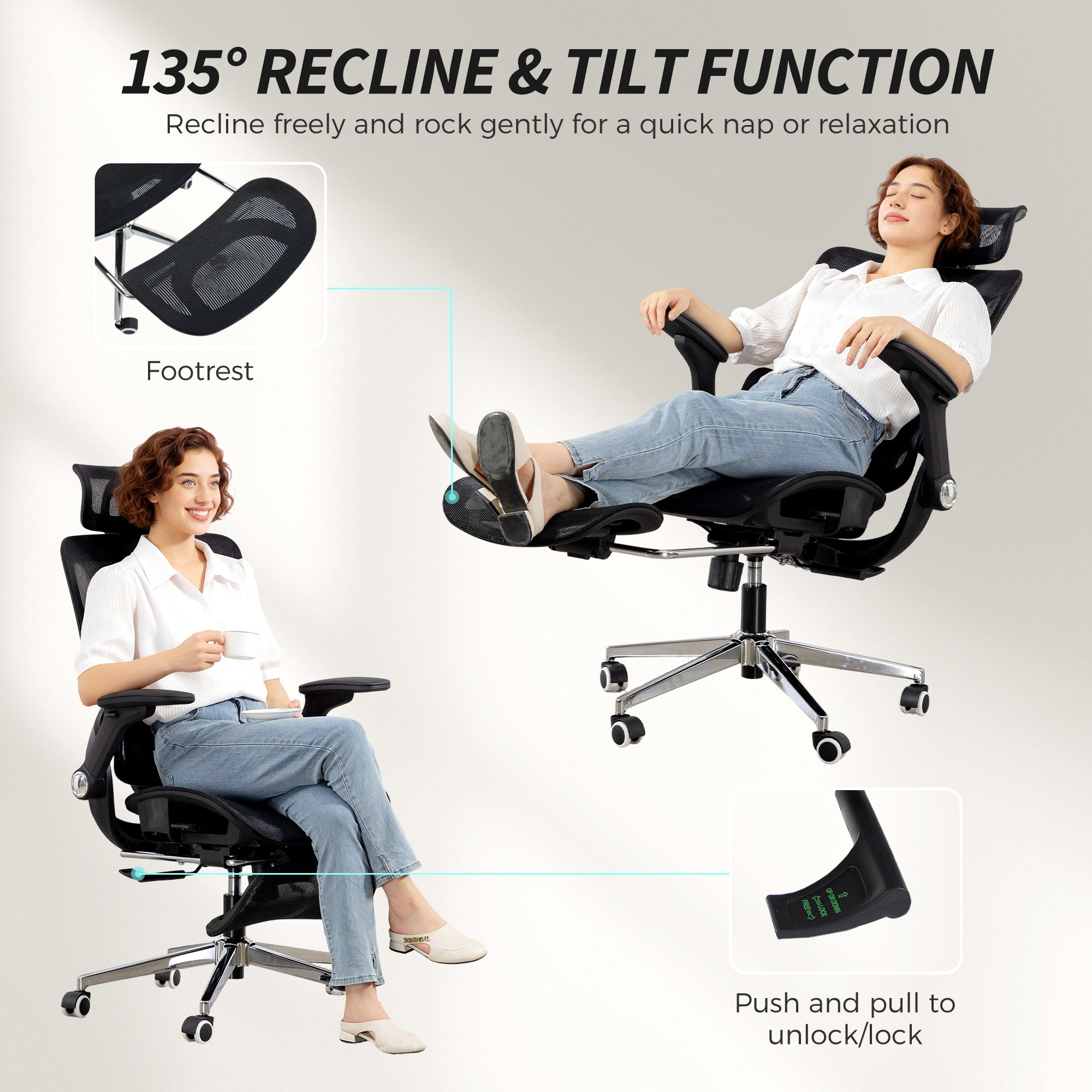 Chaise Bureau Ergonomique avec Accoudoirs 4D Appui-Tête et Profondeur d'Assise Réglables Fauteuil de Bureau en Maille Inclinable Hauteur Réglable Soutien Lombaire Adjustable Repose-Pieds Noir