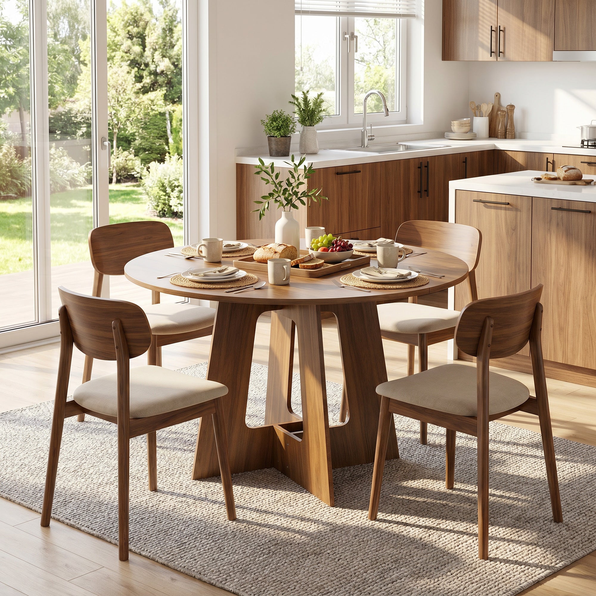 Table à manger ronde pour 4 personnes, Ø 110 x 73,5 cm, table de cuisine avec base croisée, style rustique, pour salon, salle à manger, marron