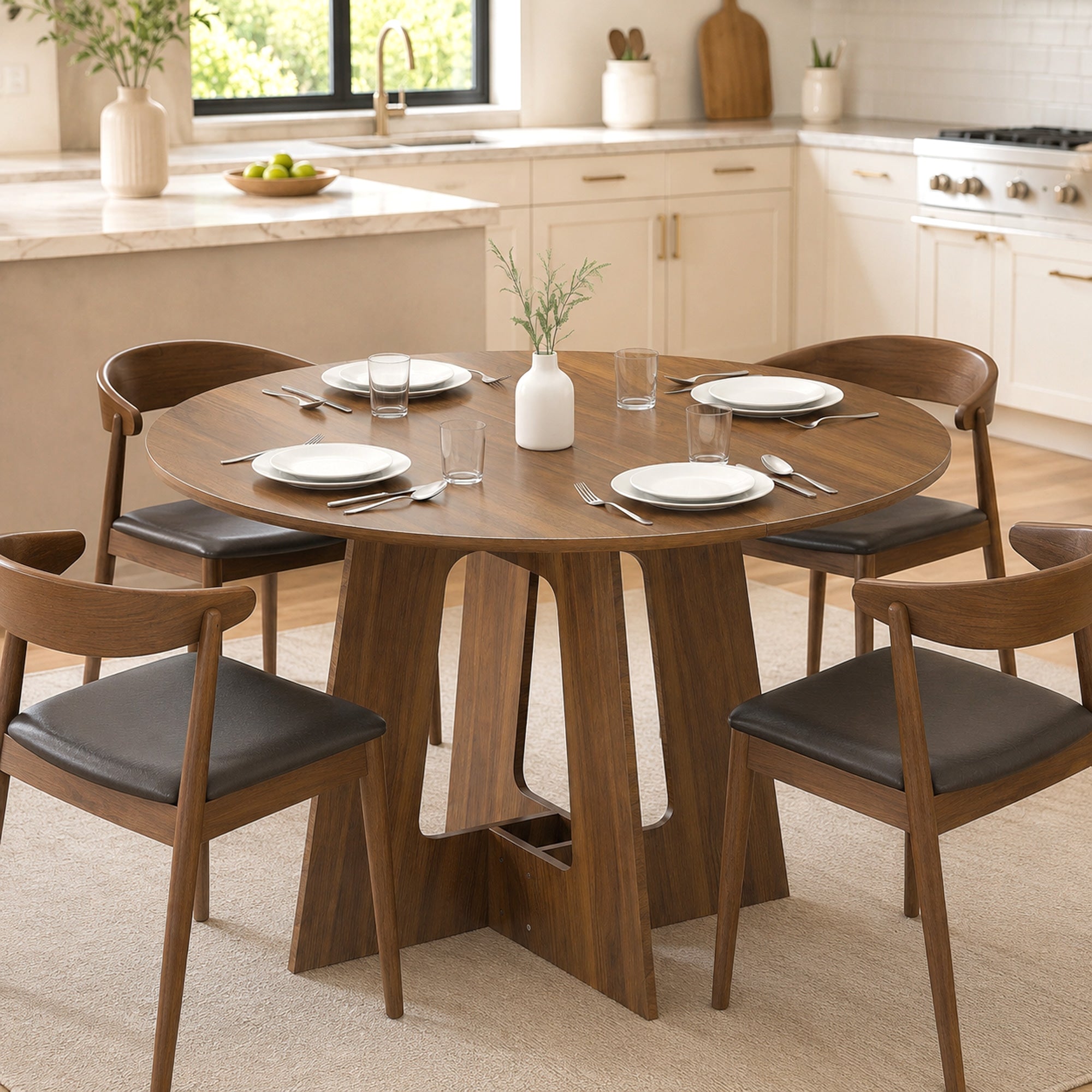 Table à manger ronde pour 4 personnes, Ø 110 x 73,5 cm, table de cuisine avec base croisée, style rustique, pour salon, salle à manger, marron