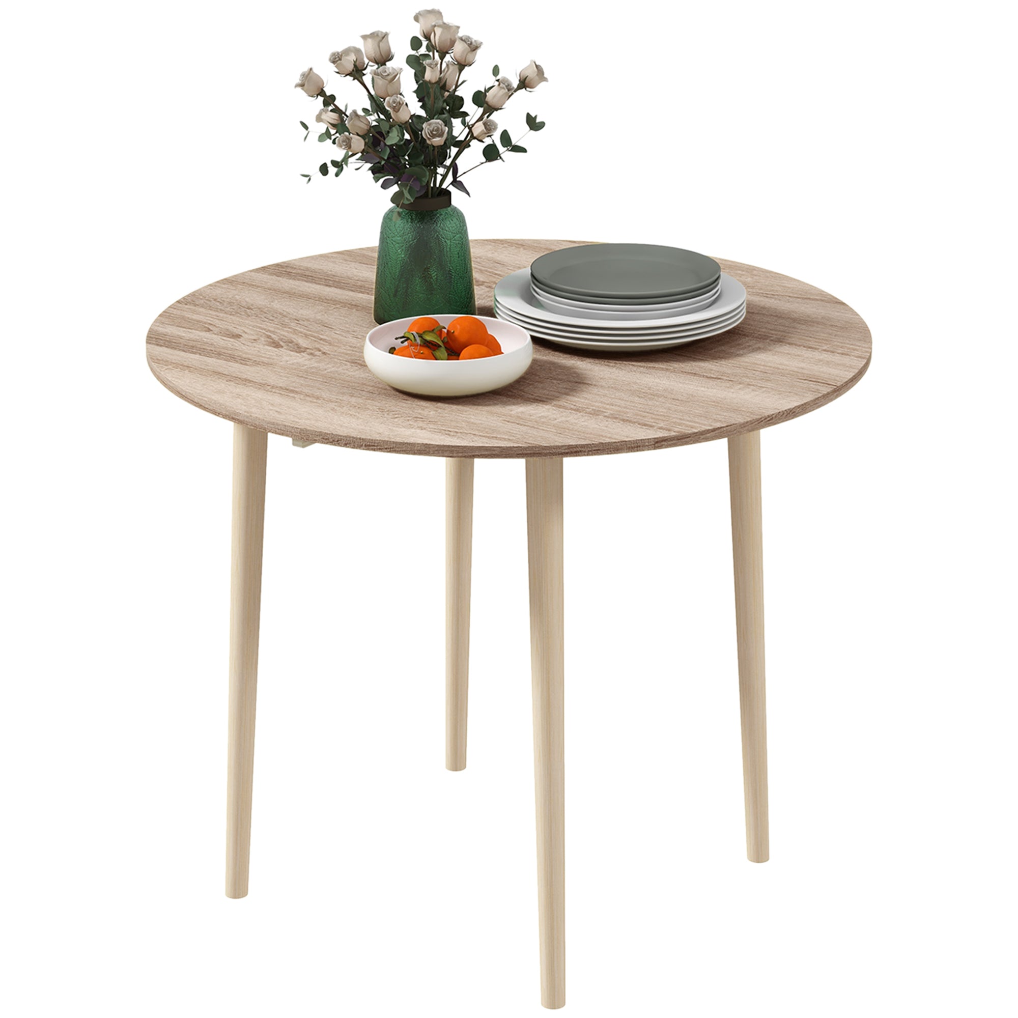 Table à manger pliante, table de cuisine ronde Ø 89 cm pour 4 personnes avec 2 abattants, pieds en bois de pin, design nordique, pour petits espaces, bois naturel