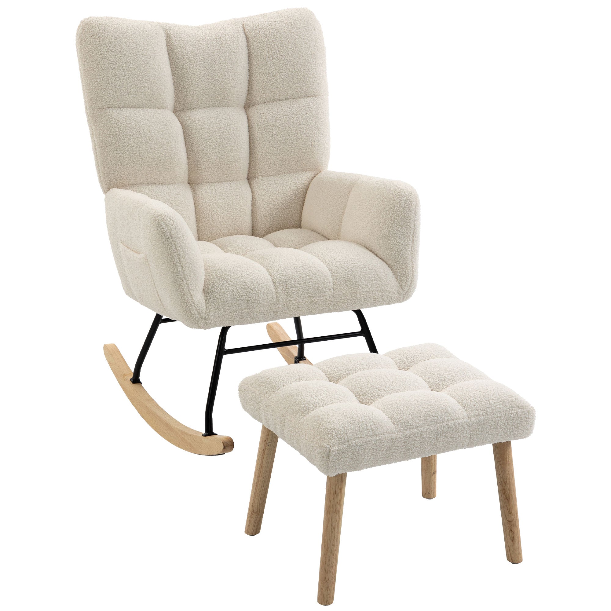 Fauteuil à Bascule avec Repose-Pieds, Rocking Chair en Tissu Bouclette, Assise Rembourrée, Dossier Large et Haut, Coussin Épais, Accoudoirs, Chaise Bascule Capitonnée pour Salon Chambre, Crème