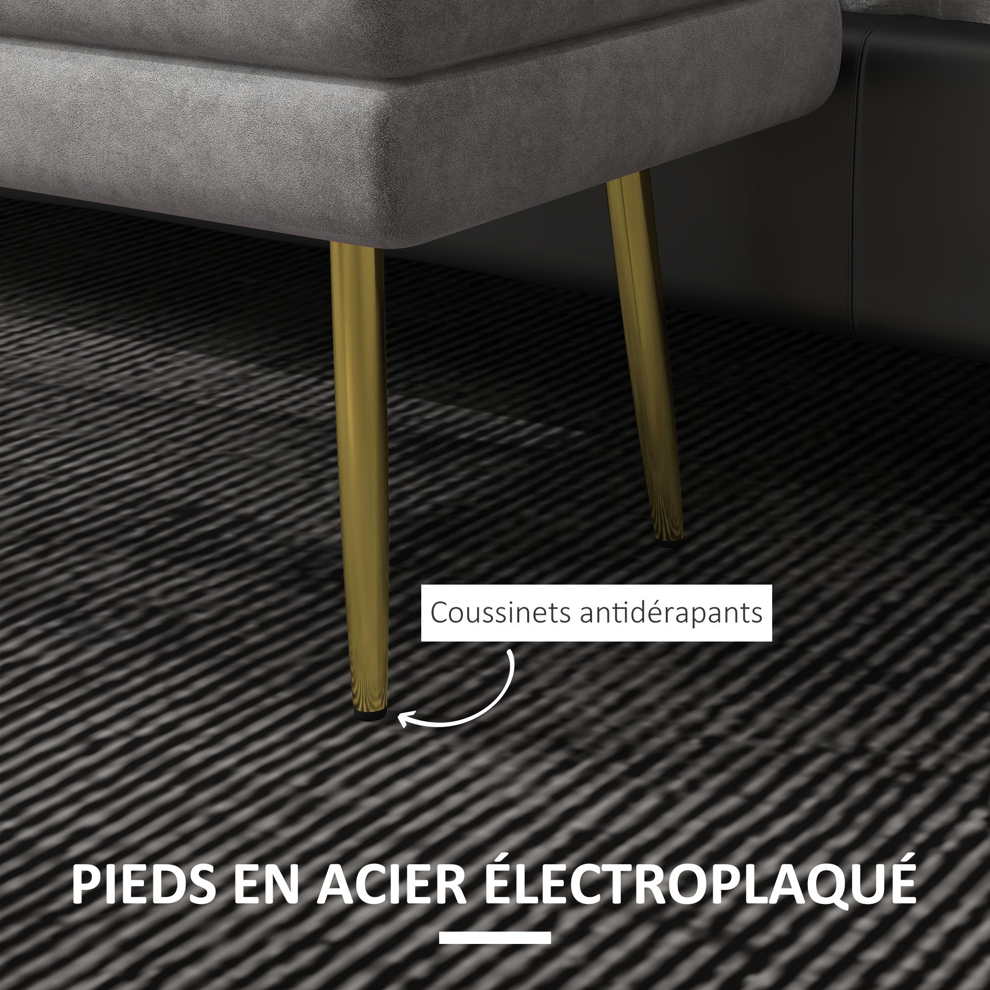 Banc de rangement, bout de lit, coffre de rangement avec assise aspect velours et pieds acier, 79,5 x 37,5 x 43 cm, gris et doré