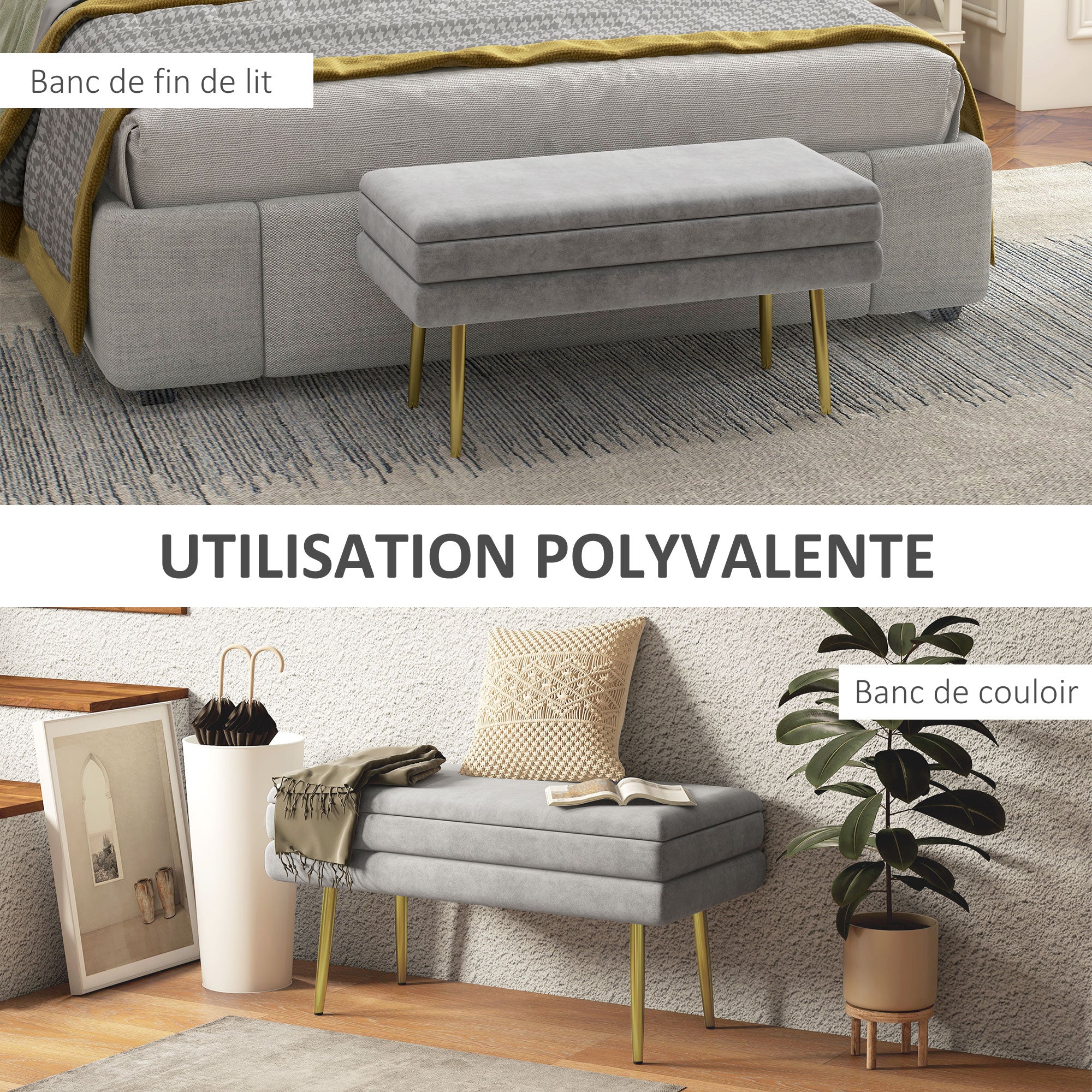 Banc de rangement, bout de lit, coffre de rangement avec assise aspect velours et pieds acier, 79,5 x 37,5 x 43 cm, gris et doré