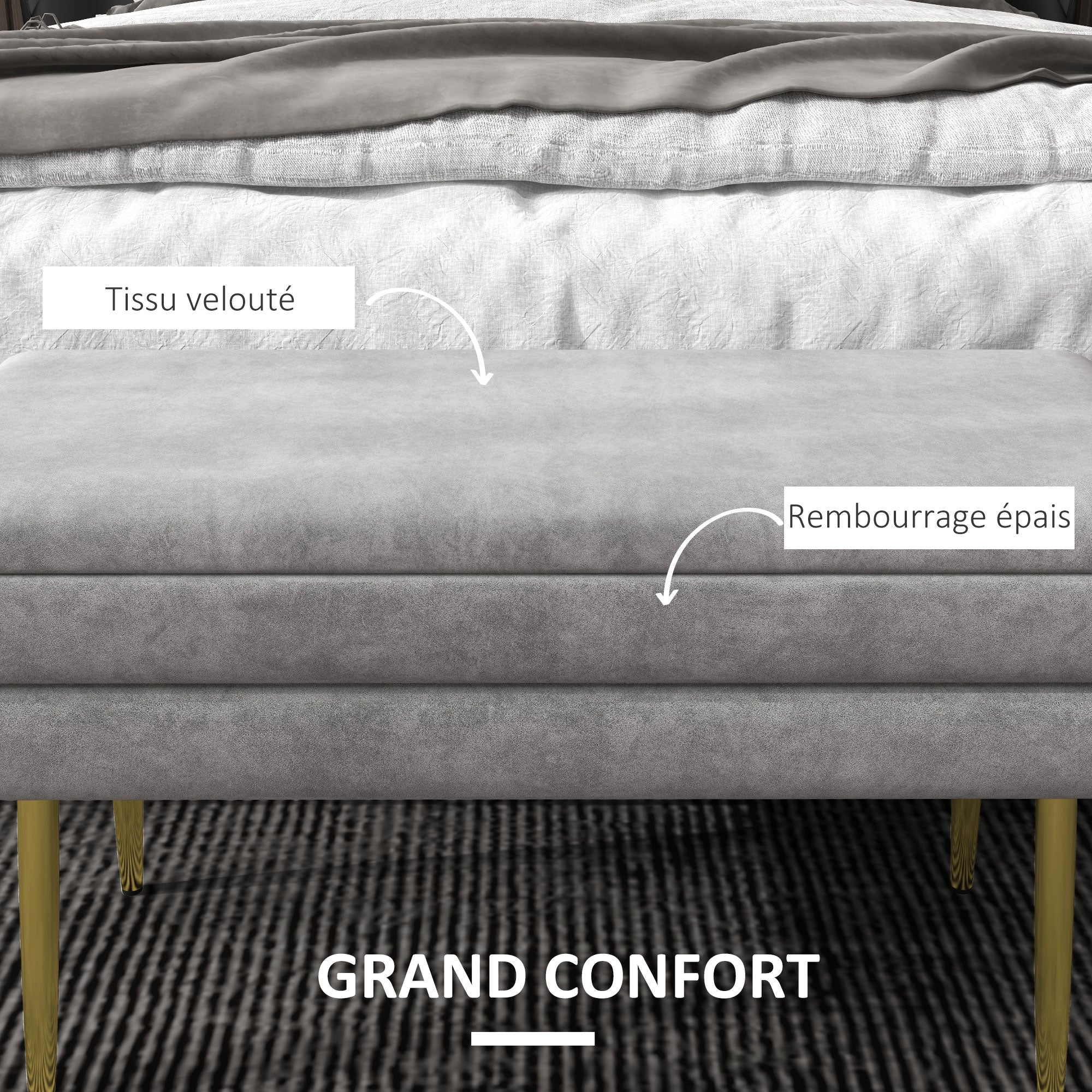 Banc de rangement, bout de lit, coffre de rangement avec assise aspect velours et pieds acier, 79,5 x 37,5 x 43 cm, gris et doré