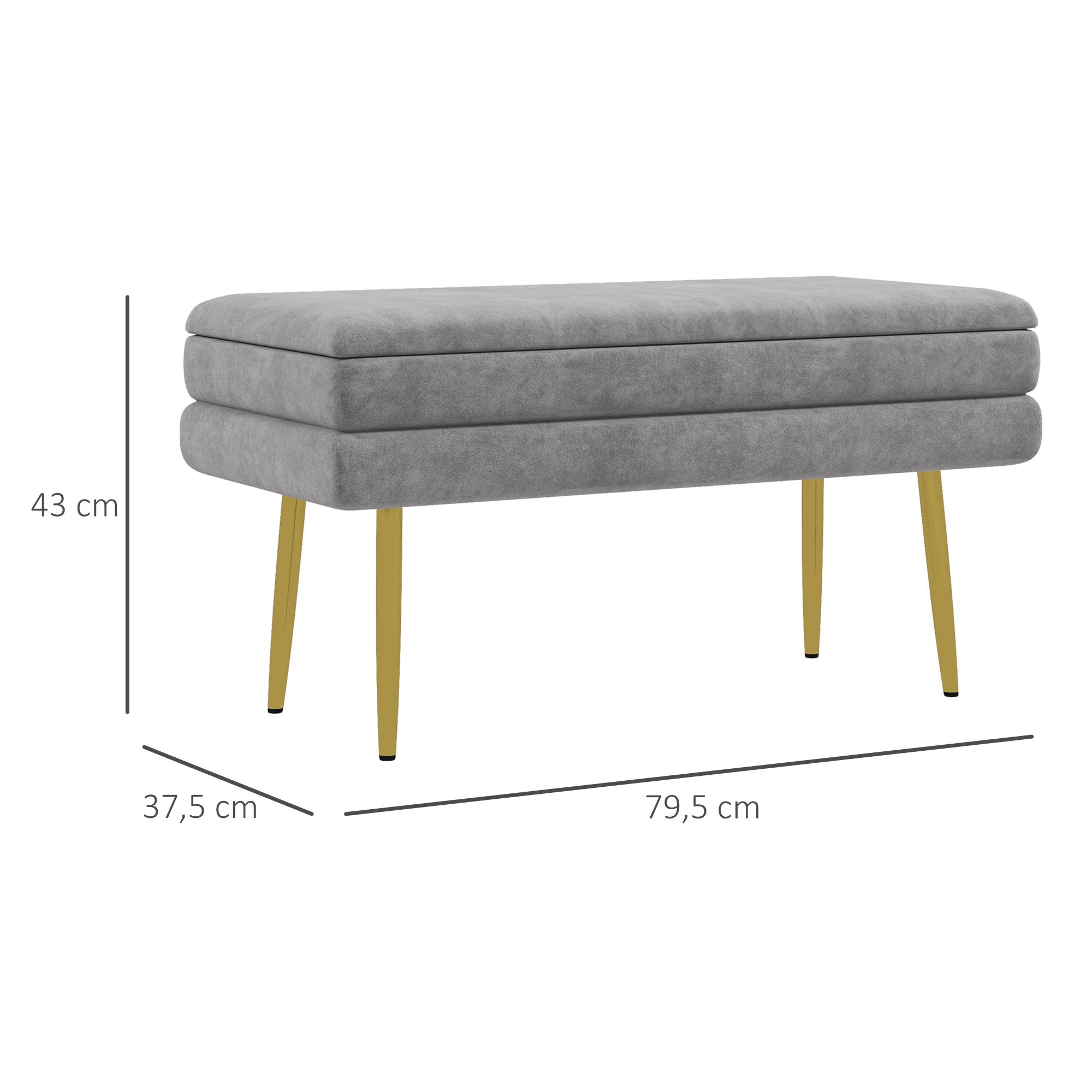 Banc de rangement, bout de lit, coffre de rangement avec assise aspect velours et pieds acier, 79,5 x 37,5 x 43 cm, gris et doré