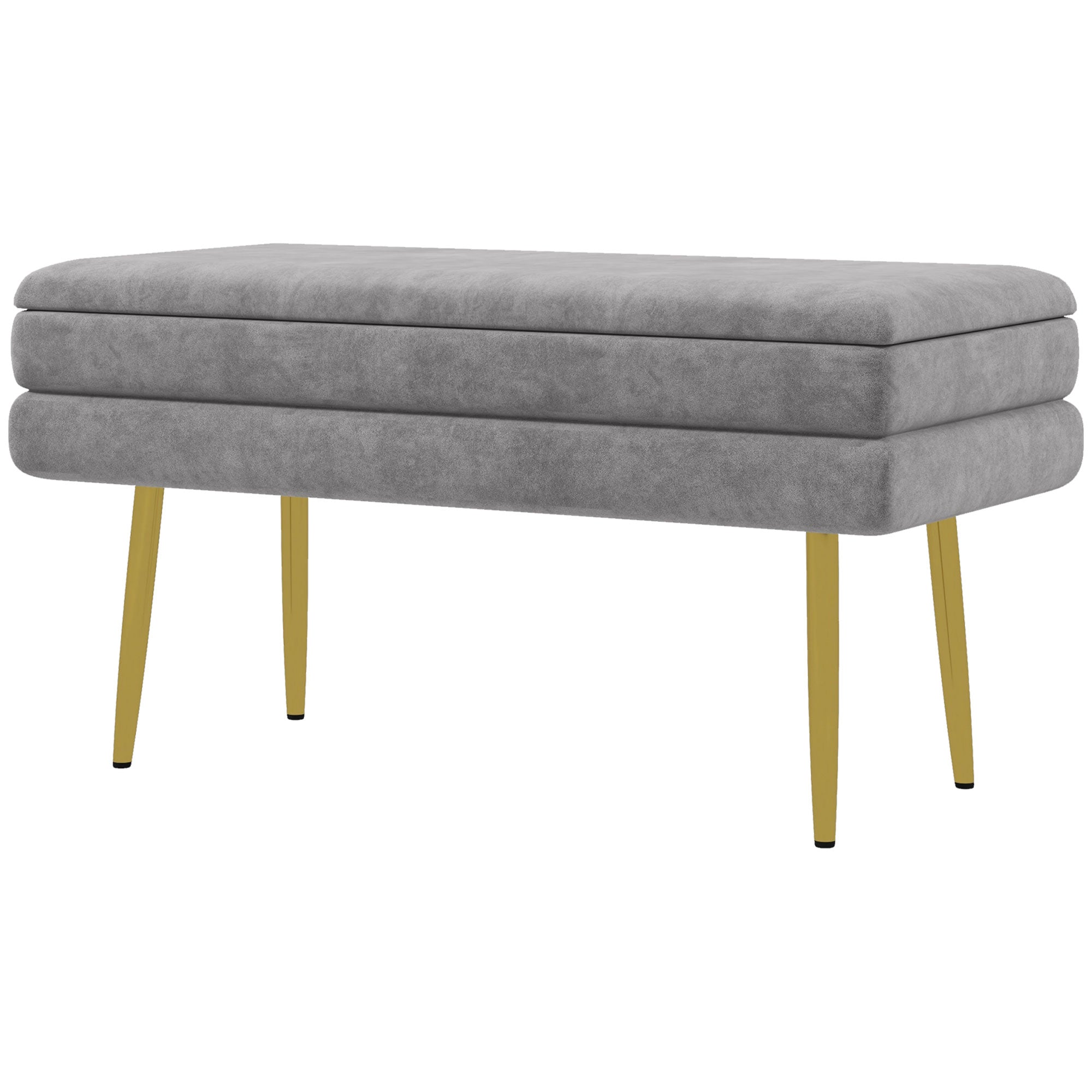 Banc de rangement, bout de lit, coffre de rangement avec assise aspect velours et pieds acier, 79,5 x 37,5 x 43 cm, gris et doré