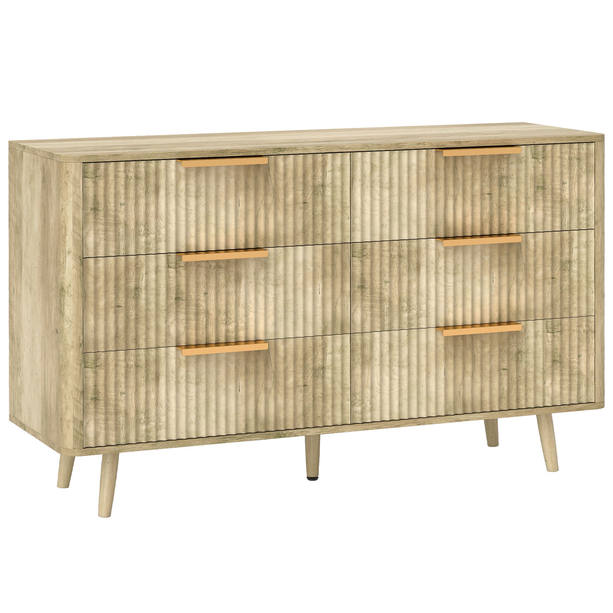 Commode 6 tiroirs meuble de rangement style scandinave avec poignées et pieds de pin, bois effet cannelé, commode chambre à coucher, salon, couloir - 120 x 40 x 76 cm, chêne