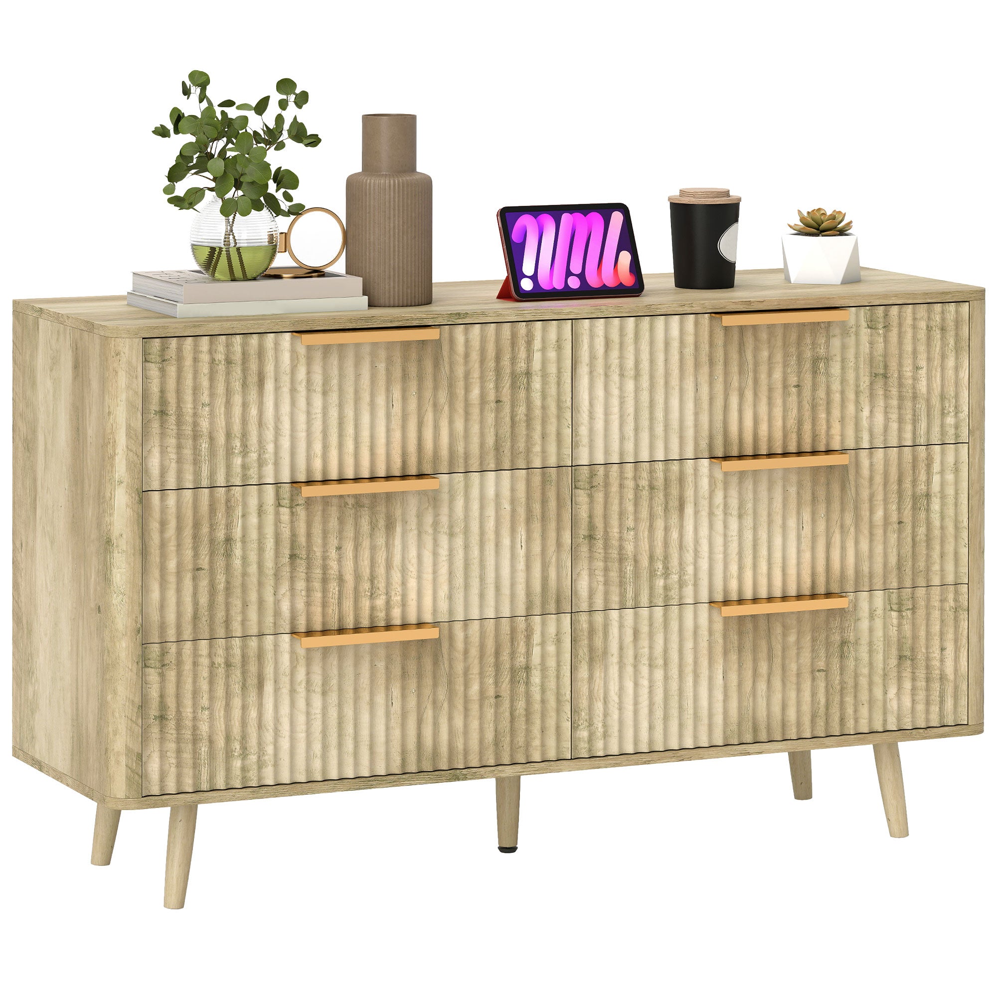 Commode 6 tiroirs meuble de rangement style scandinave avec poignées et pieds de pin, bois effet cannelé, commode chambre à coucher, salon, couloir - 120 x 40 x 76 cm, chêne