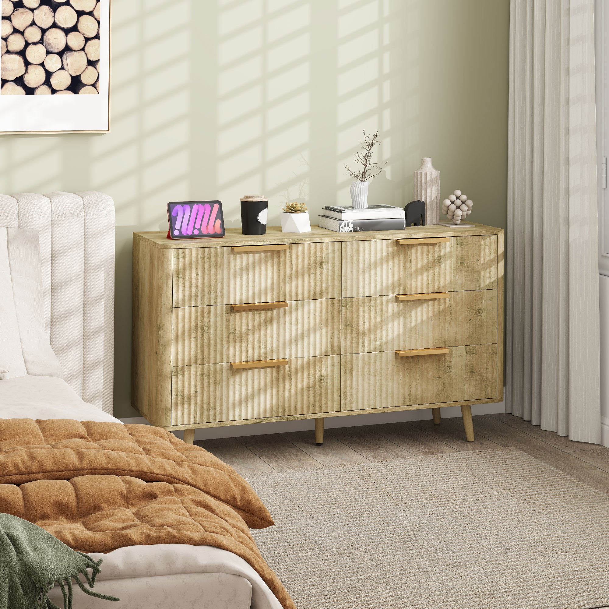 Commode 6 tiroirs meuble de rangement style scandinave avec poignées et pieds de pin, bois effet cannelé, commode chambre à coucher, salon, couloir - 120 x 40 x 76 cm, chêne