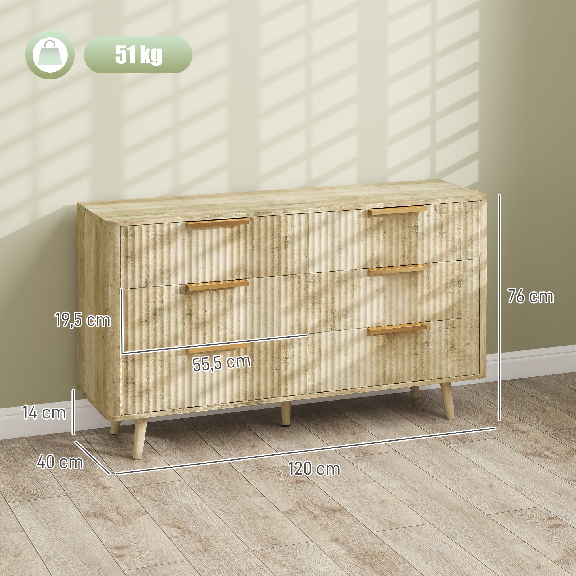 Commode 6 tiroirs meuble de rangement style scandinave avec poignées et pieds de pin, bois effet cannelé, commode chambre à coucher, salon, couloir - 120 x 40 x 76 cm, chêne