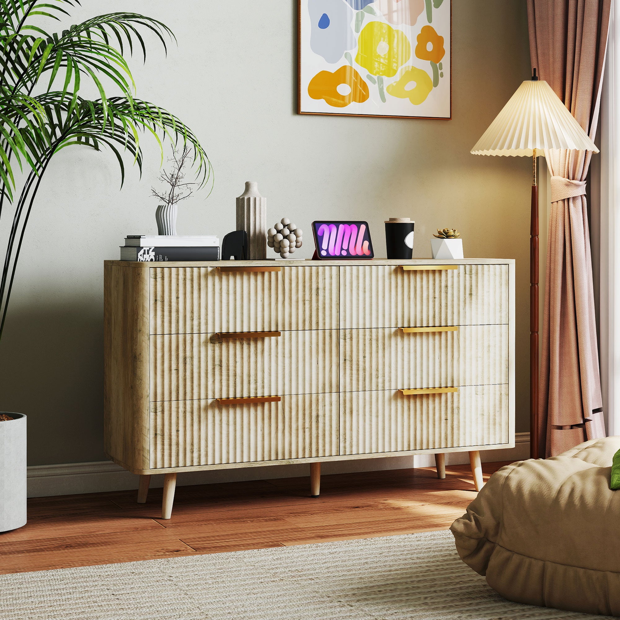 Commode 6 tiroirs meuble de rangement style scandinave avec poignées et pieds de pin, bois effet cannelé, commode chambre à coucher, salon, couloir - 120 x 40 x 76 cm, chêne