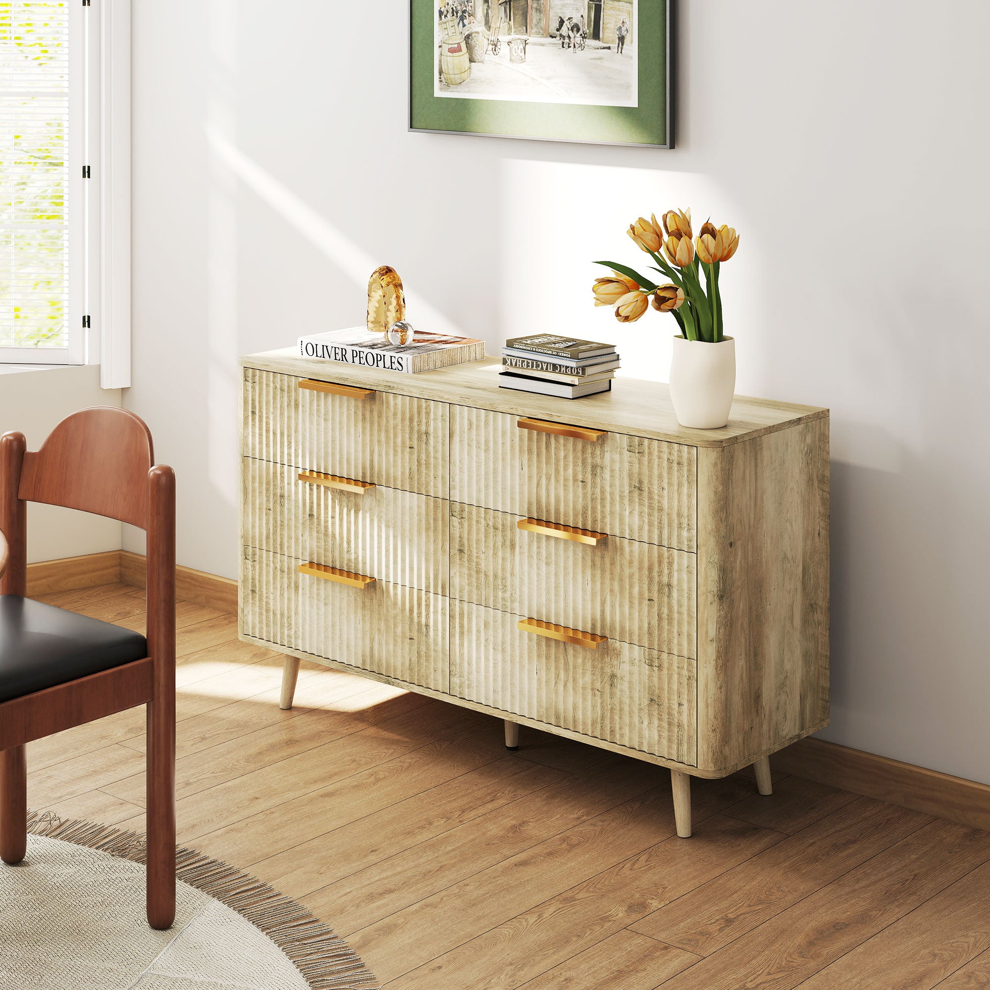 Commode 6 tiroirs meuble de rangement style scandinave avec poignées et pieds de pin, bois effet cannelé, commode chambre à coucher, salon, couloir - 120 x 40 x 76 cm, chêne