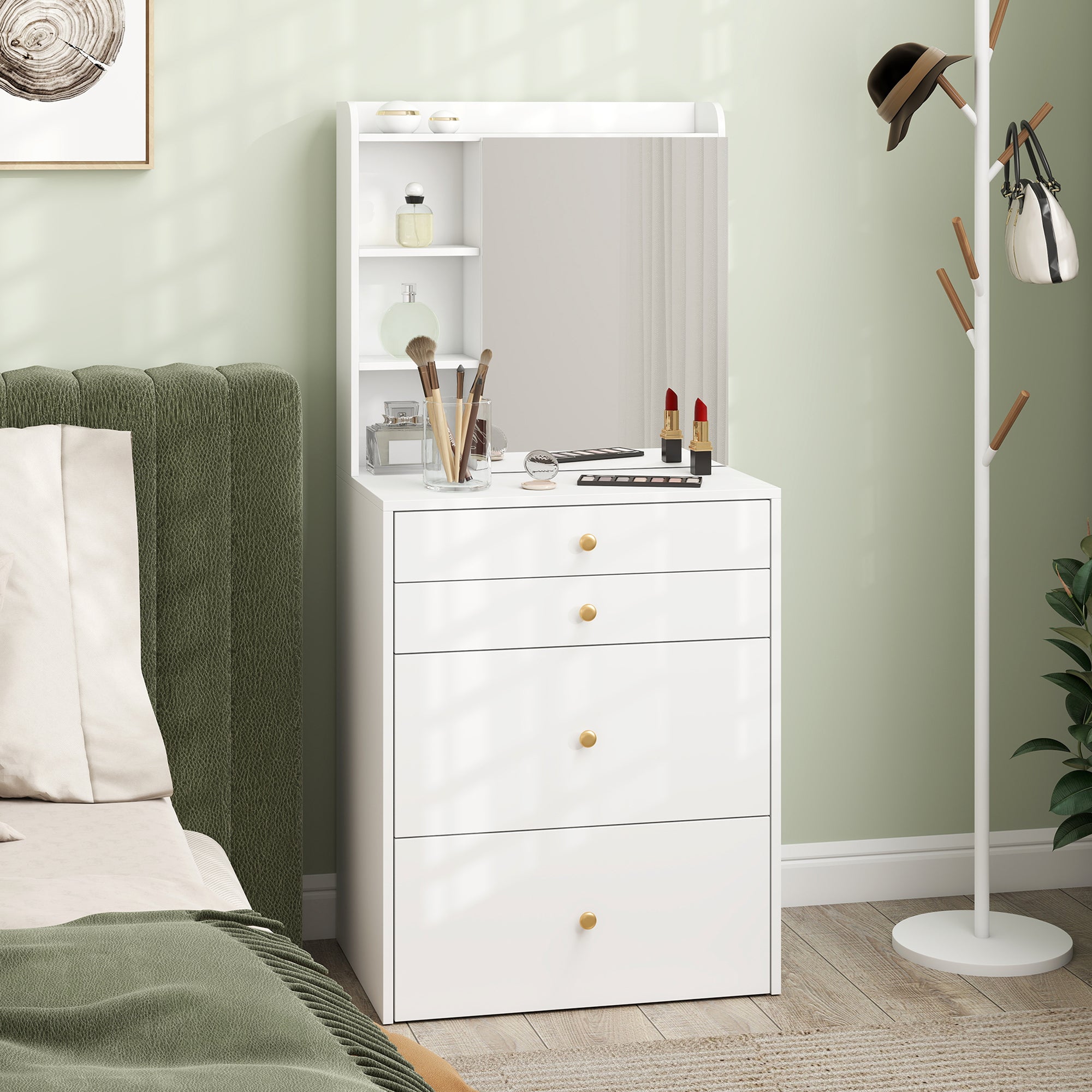 Coiffeuse avec miroir et tabouret de rangement mobile, table de maquillage compacte, tiroirs, placard, compartiments ouverts, étagère réglable, siège rembourré, pour chambre à coucher, blanc