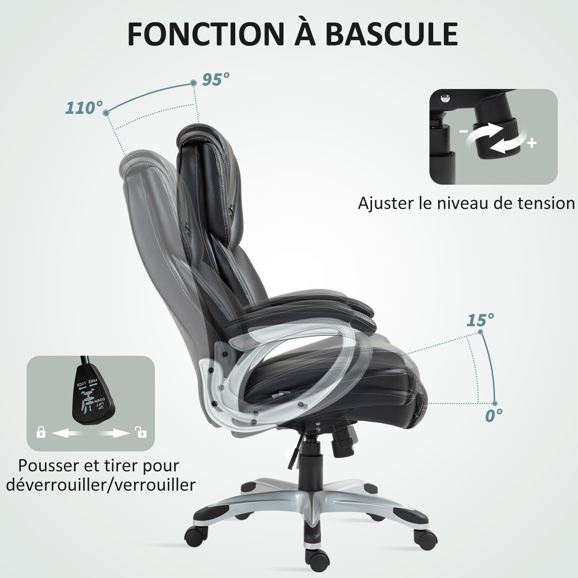 Chaise de bureau, fauteuil de bureau, siège d'ordinateur, avec fonction bascule, dossier haut, roulettes pivotantes 360°, hauteur réglable, noir