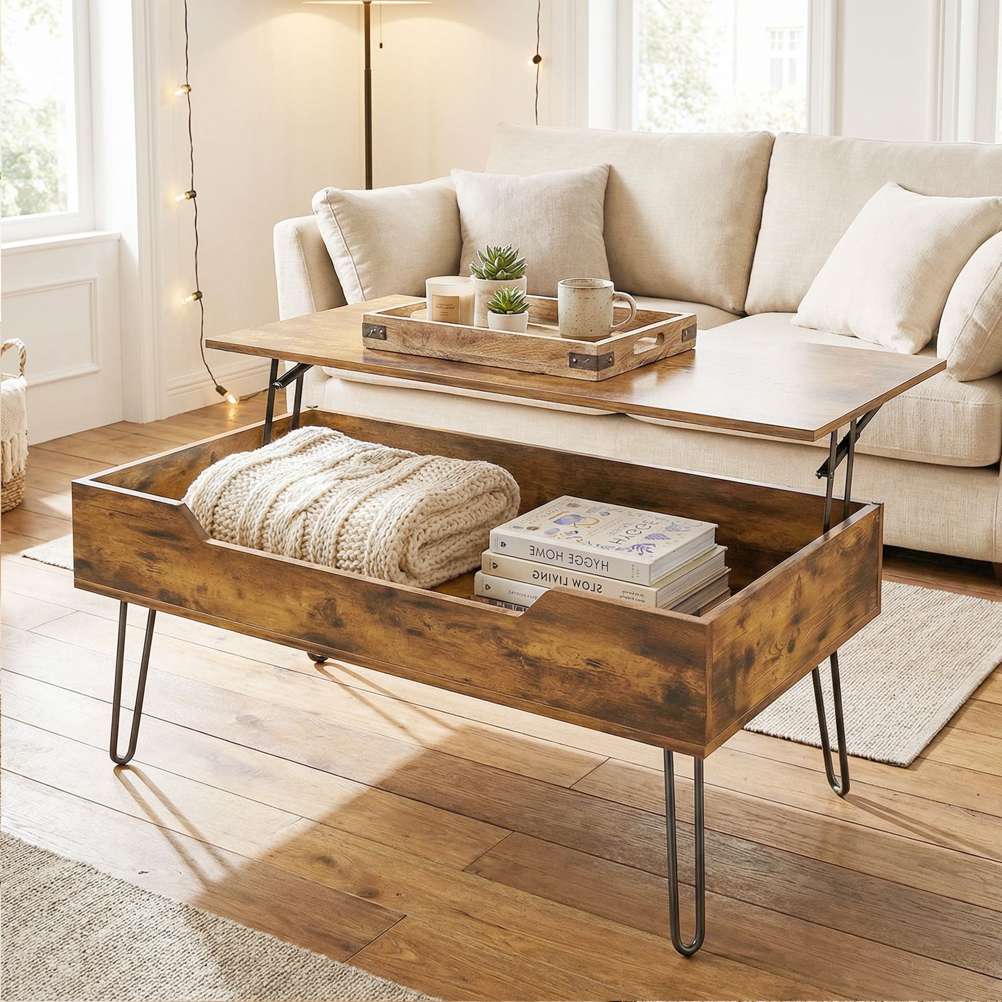 Table Basse Rectangulaire en Bois avec Grand Rangement Caché, Hauteur Réglable, Table de Salon Industrielle avec Pieds en Métal, pour Chambre, Séjour, Bureau, 95 x 50 x 40 cm, Marron Rustique