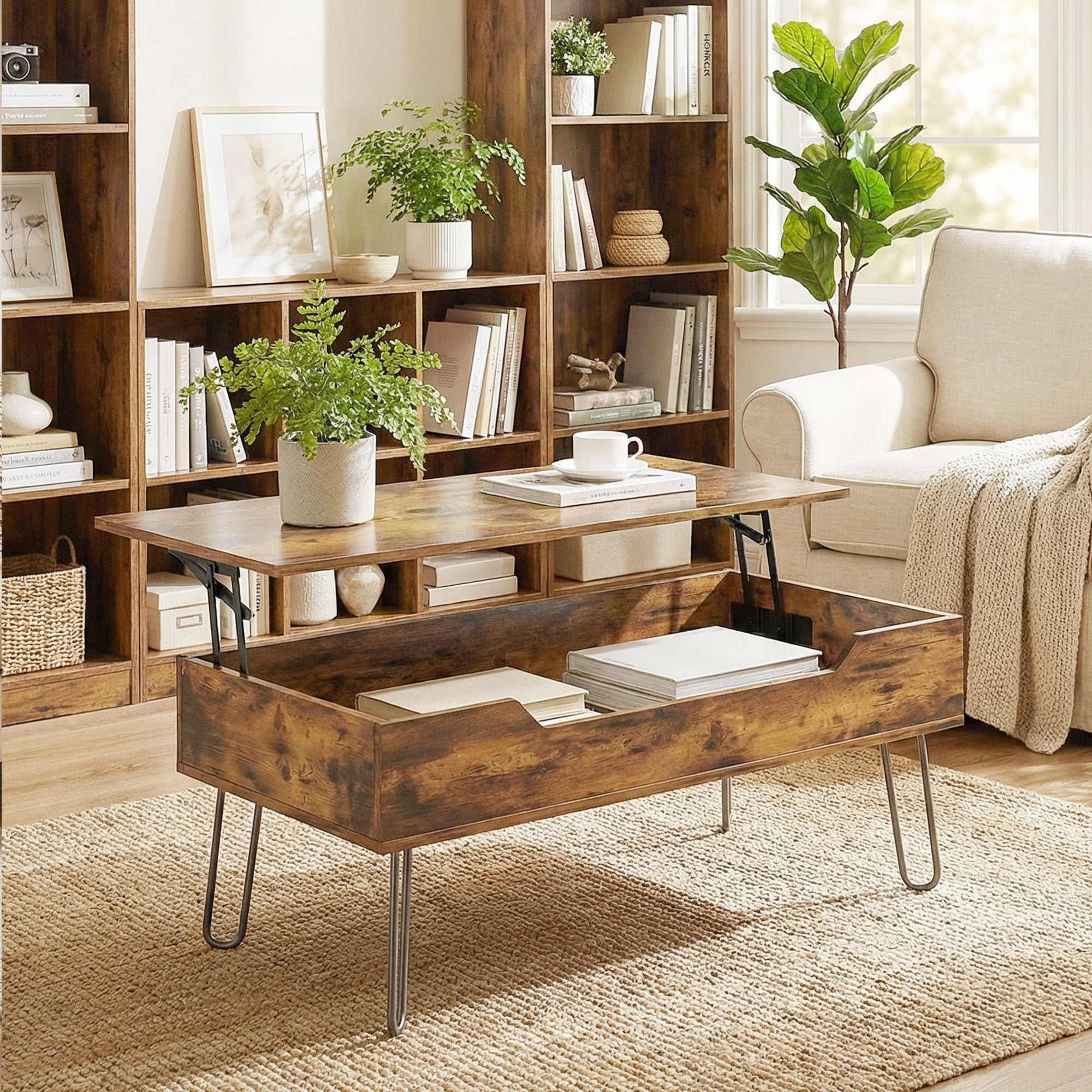 Table Basse Rectangulaire en Bois avec Grand Rangement Caché, Hauteur Réglable, Table de Salon Industrielle avec Pieds en Métal, pour Chambre, Séjour, Bureau, 95 x 50 x 40 cm, Marron Rustique