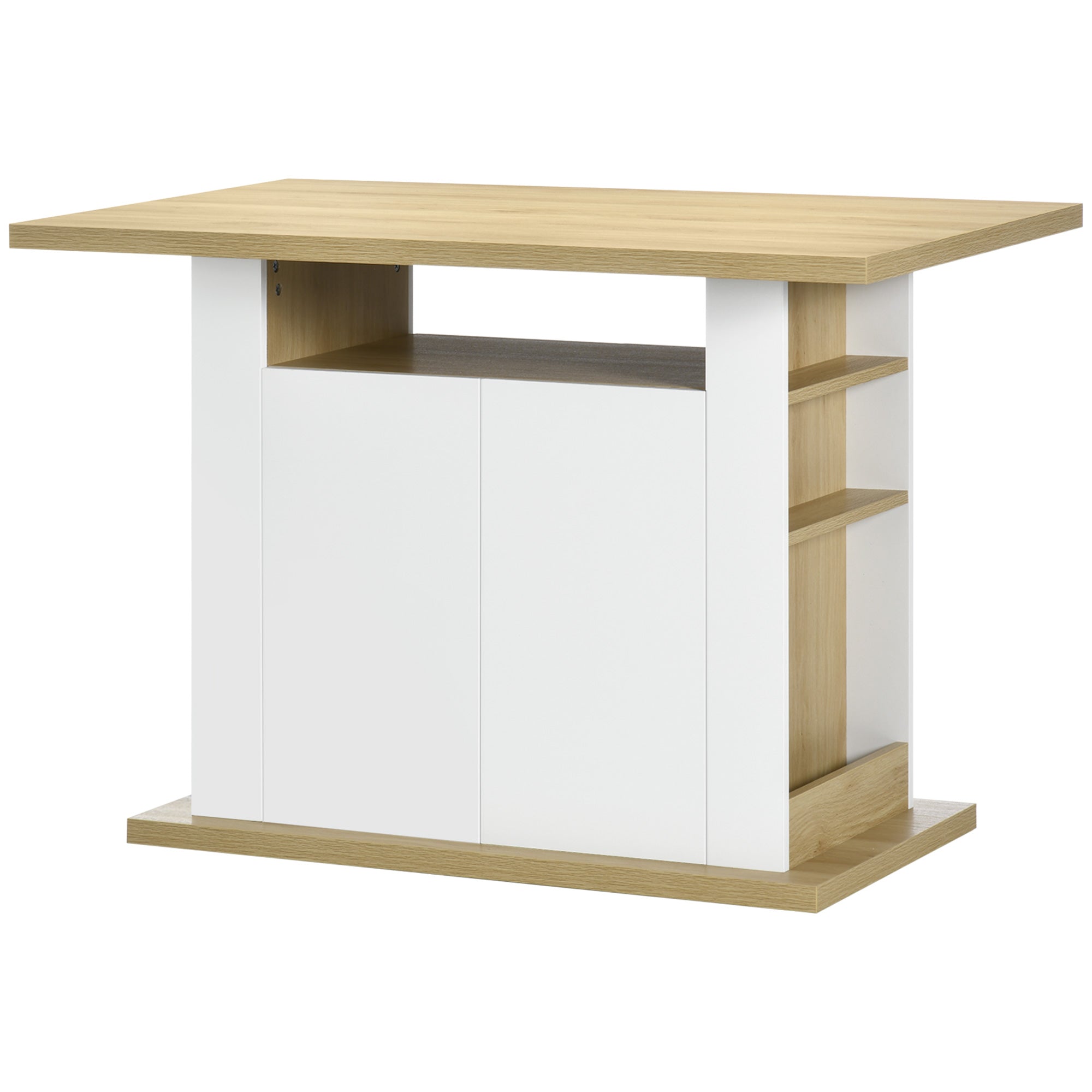 Table à manger ilot central cuisine meuble de rangement table avec grand plan de travail 4-6 personnes - placard 4 portes et étagères - en bois - dim. 110L x 70l x 75,5H cm blanc et naturel
