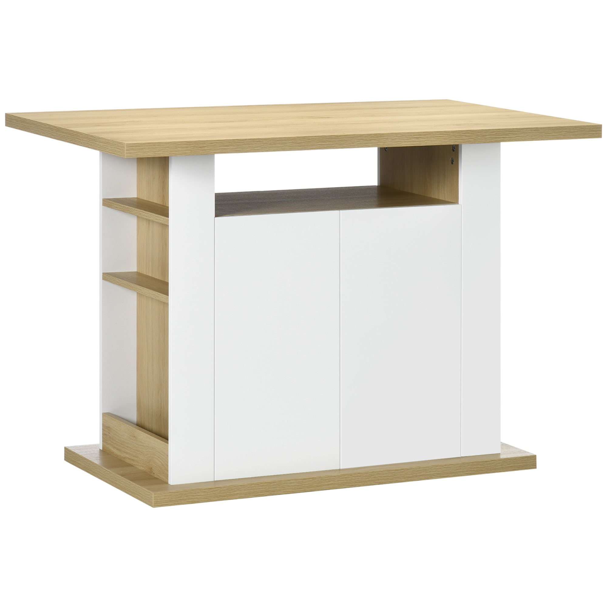 Table à manger ilot central cuisine meuble de rangement table avec grand plan de travail 4-6 personnes - placard 4 portes et étagères - en bois - dim. 110L x 70l x 75,5H cm blanc et naturel