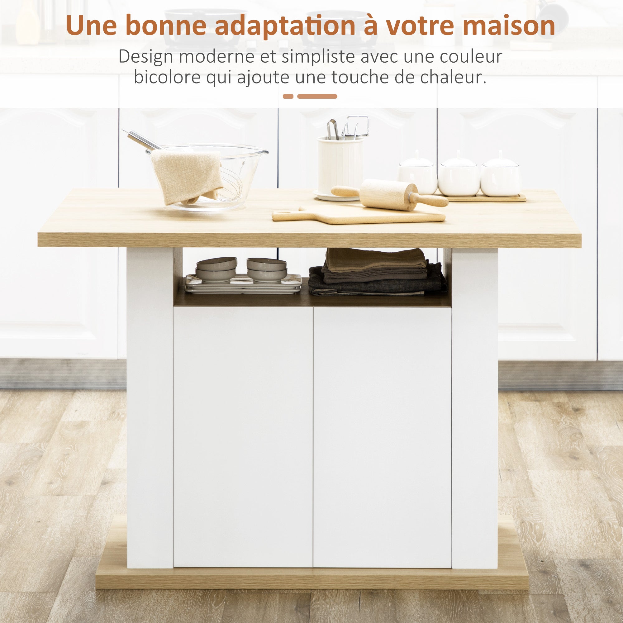 Table à manger ilot central cuisine meuble de rangement table avec grand plan de travail 4-6 personnes - placard 4 portes et étagères - en bois - dim. 110L x 70l x 75,5H cm blanc et naturel