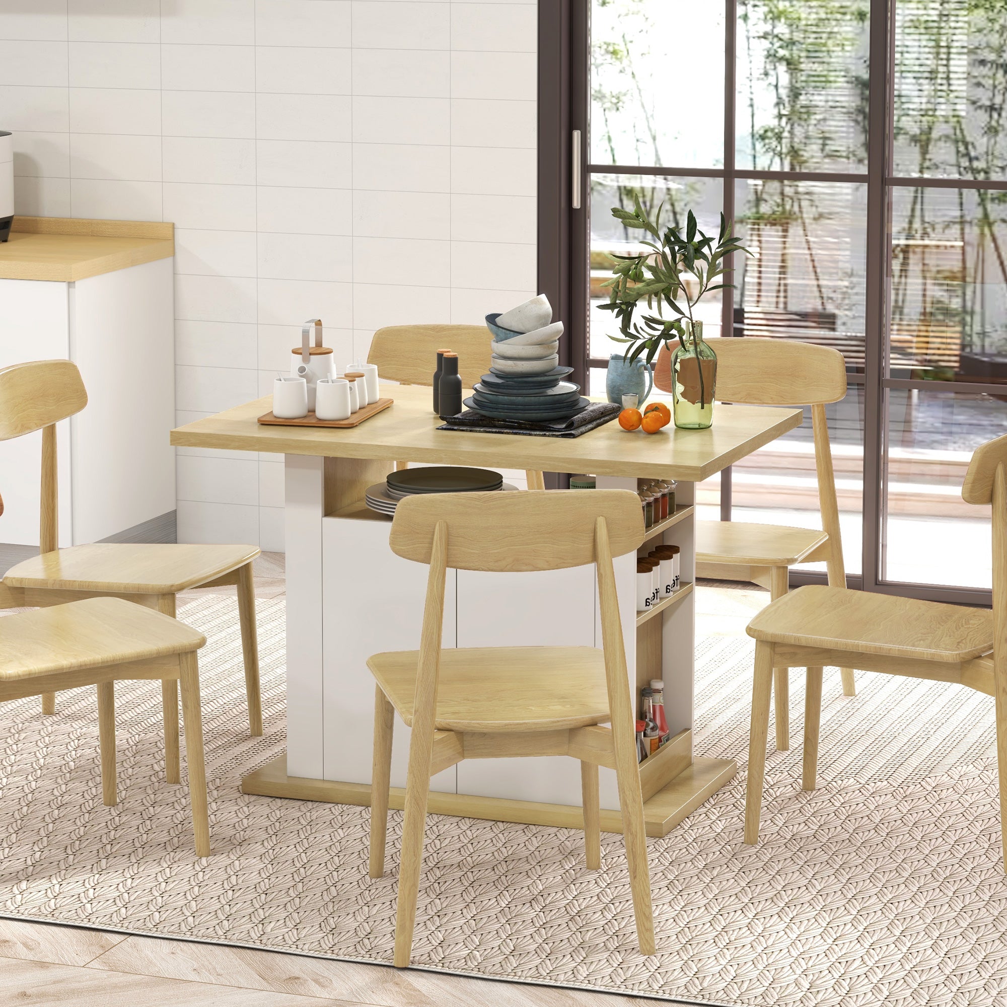 Table à manger ilot central cuisine meuble de rangement table avec grand plan de travail 4-6 personnes - placard 4 portes et étagères - en bois - dim. 110L x 70l x 75,5H cm blanc et naturel