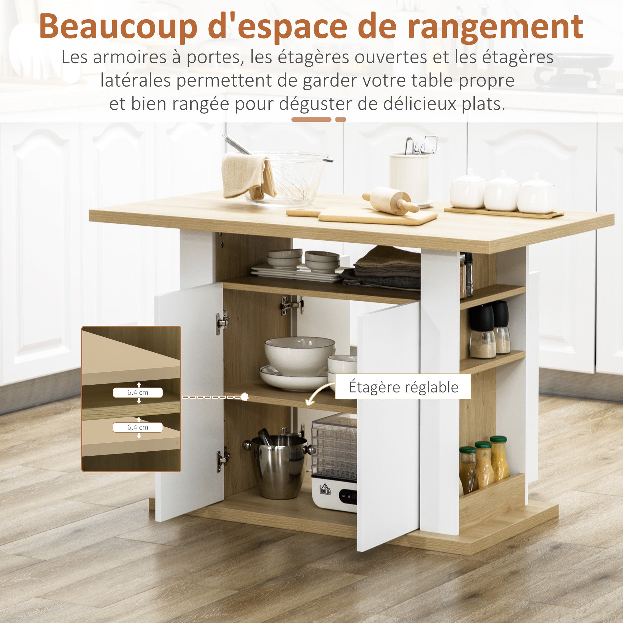 Table à manger ilot central cuisine meuble de rangement table avec grand plan de travail 4-6 personnes - placard 4 portes et étagères - en bois - dim. 110L x 70l x 75,5H cm blanc et naturel