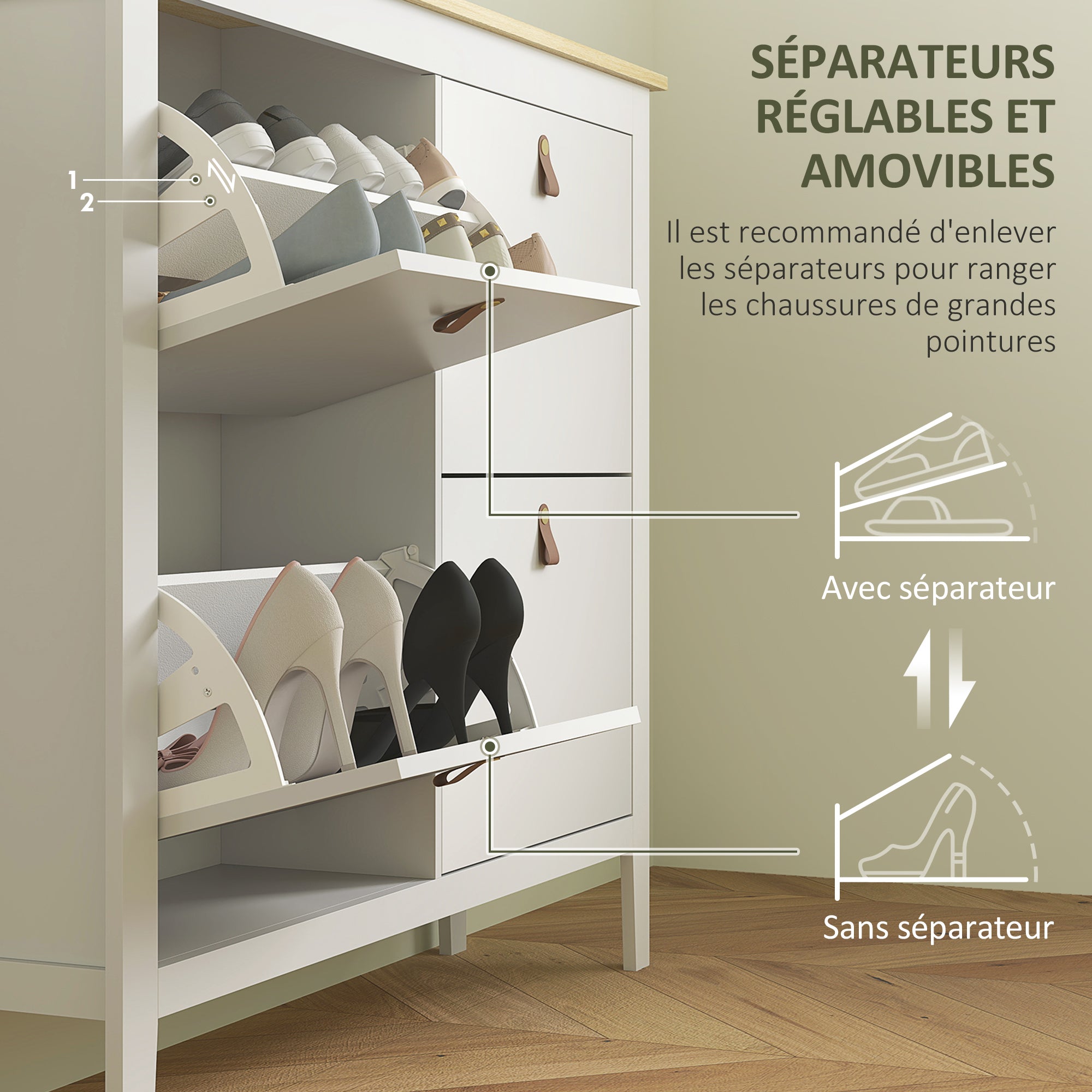 Meuble à chaussures 20 paires, armoire à chaussures, meuble d'entrée avec 4 tiroirs, portes rabattables, étagères amovibles et réglables, pour couloir et entrée, 105 x 24 x 95,5 cm, blanc
