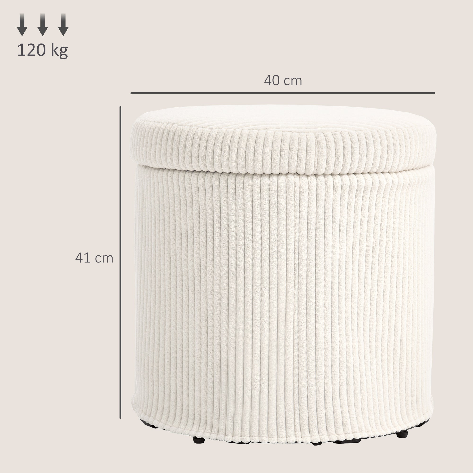 Pouf rangement 32 L pouf salon tabouret de coiffeuse en velours côtelé avec couvercle et pieds en acier, repose pied rond jusqu'à 120 kg, pour couloir, chambre, salon, beige