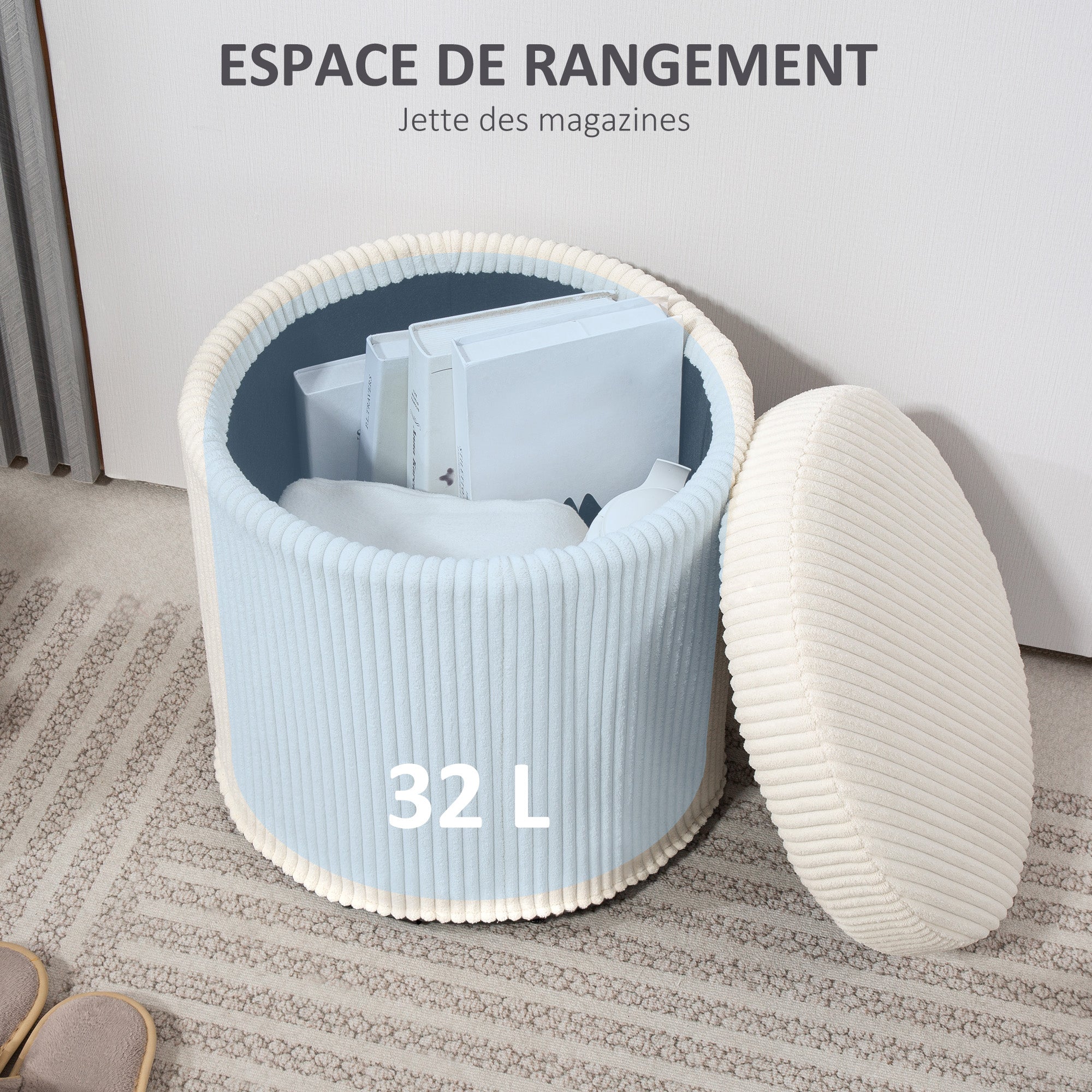 Pouf rangement 32 L pouf salon tabouret de coiffeuse en velours côtelé avec couvercle et pieds en acier, repose pied rond jusqu'à 120 kg, pour couloir, chambre, salon, beige