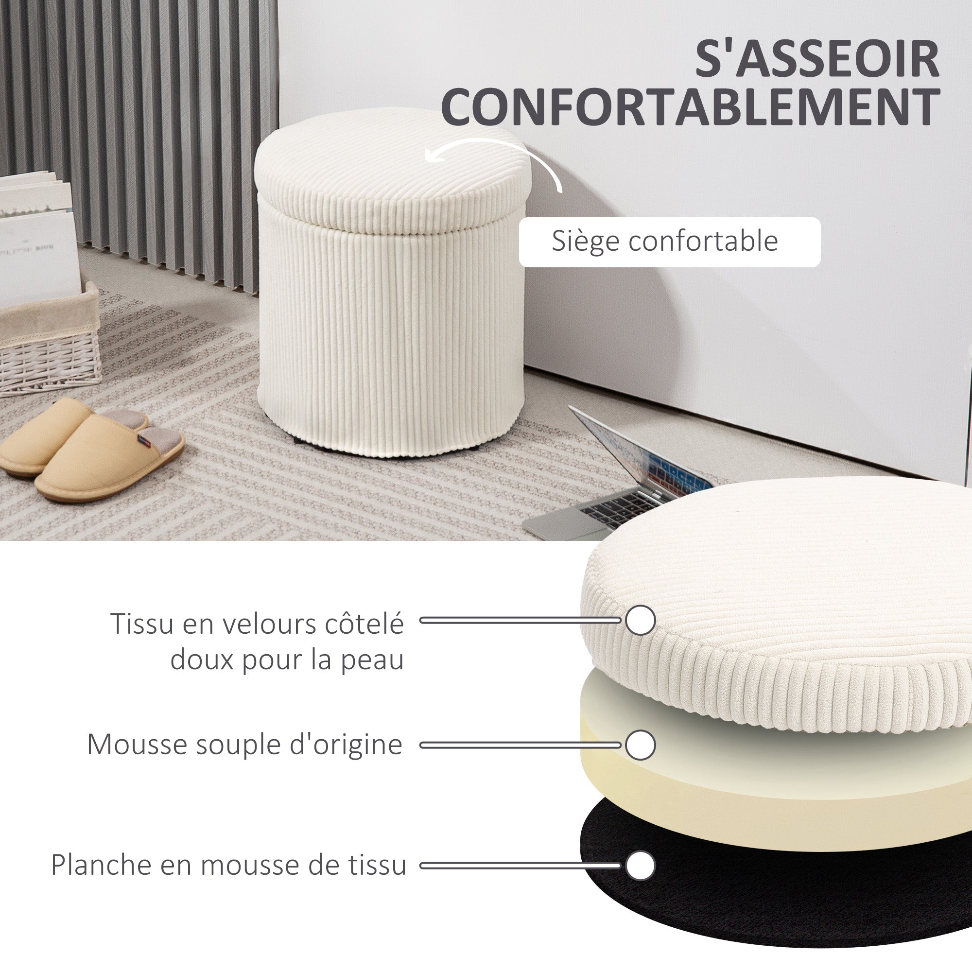Pouf rangement 32 L pouf salon tabouret de coiffeuse en velours côtelé avec couvercle et pieds en acier, repose pied rond jusqu'à 120 kg, pour couloir, chambre, salon, beige