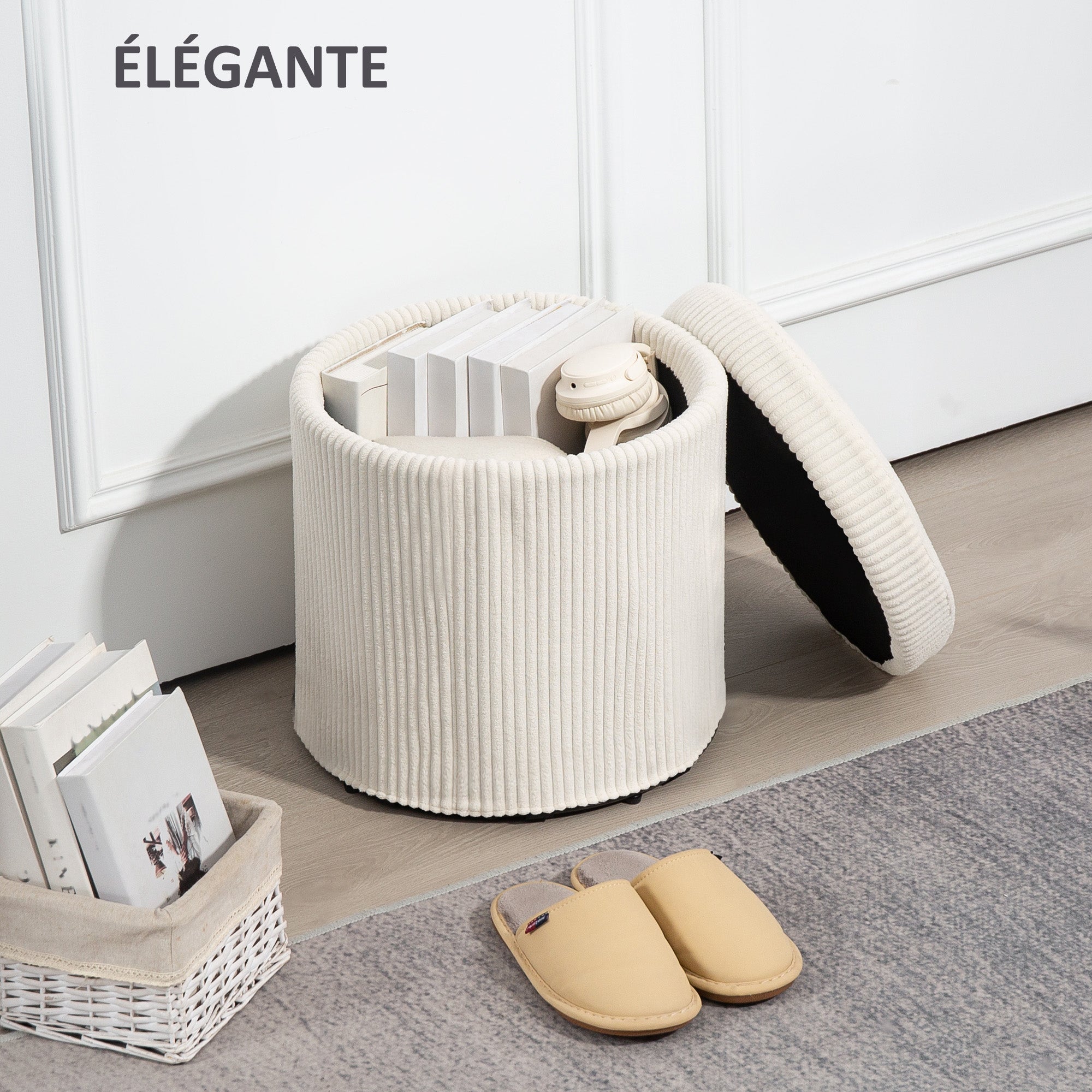 Pouf rangement 32 L pouf salon tabouret de coiffeuse en velours côtelé avec couvercle et pieds en acier, repose pied rond jusqu'à 120 kg, pour couloir, chambre, salon, beige