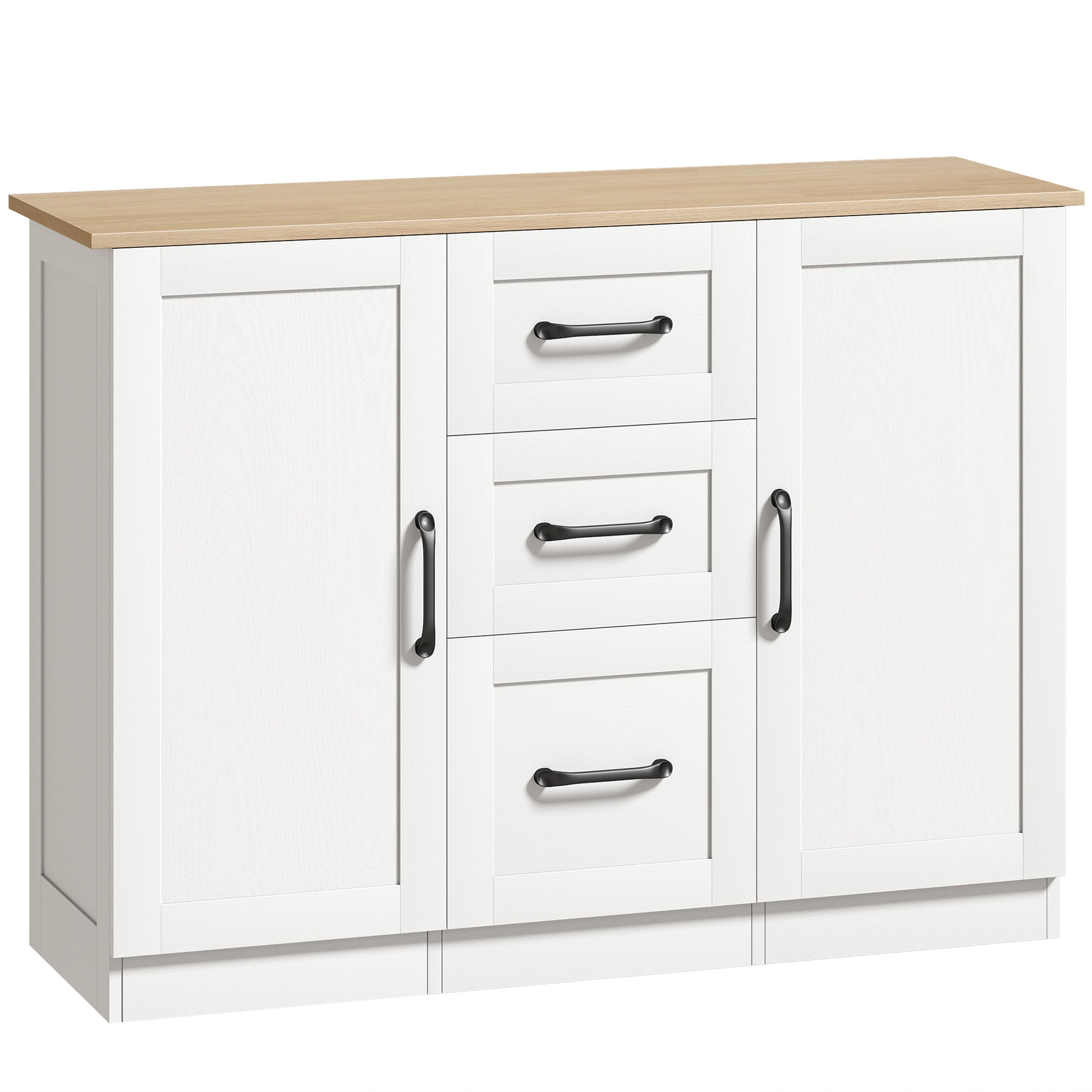 Buffet salon, meuble de rangement avec 2 portes à fermeture douce et 3 tiroirs, style moderne, buffet salle à manger et cuisine, 110 x 35 x 80,4 cm, blanc et bois naturel
