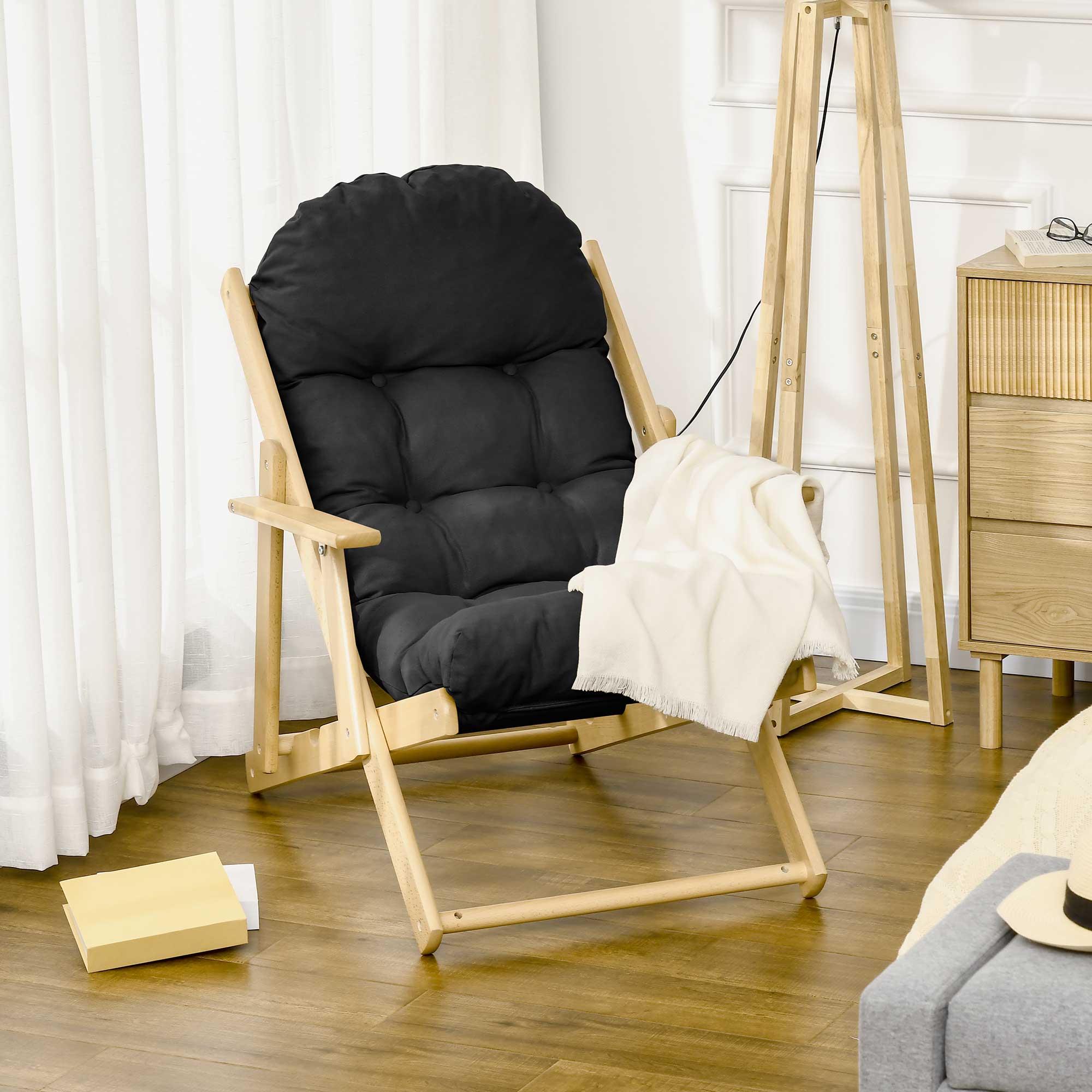 Fauteuil Chaise de Salon Pliable et inclinable en Bois Fauteuil Relax Confortable avec Coussin capitonné épais - 71 x 89 x 96 cm noir