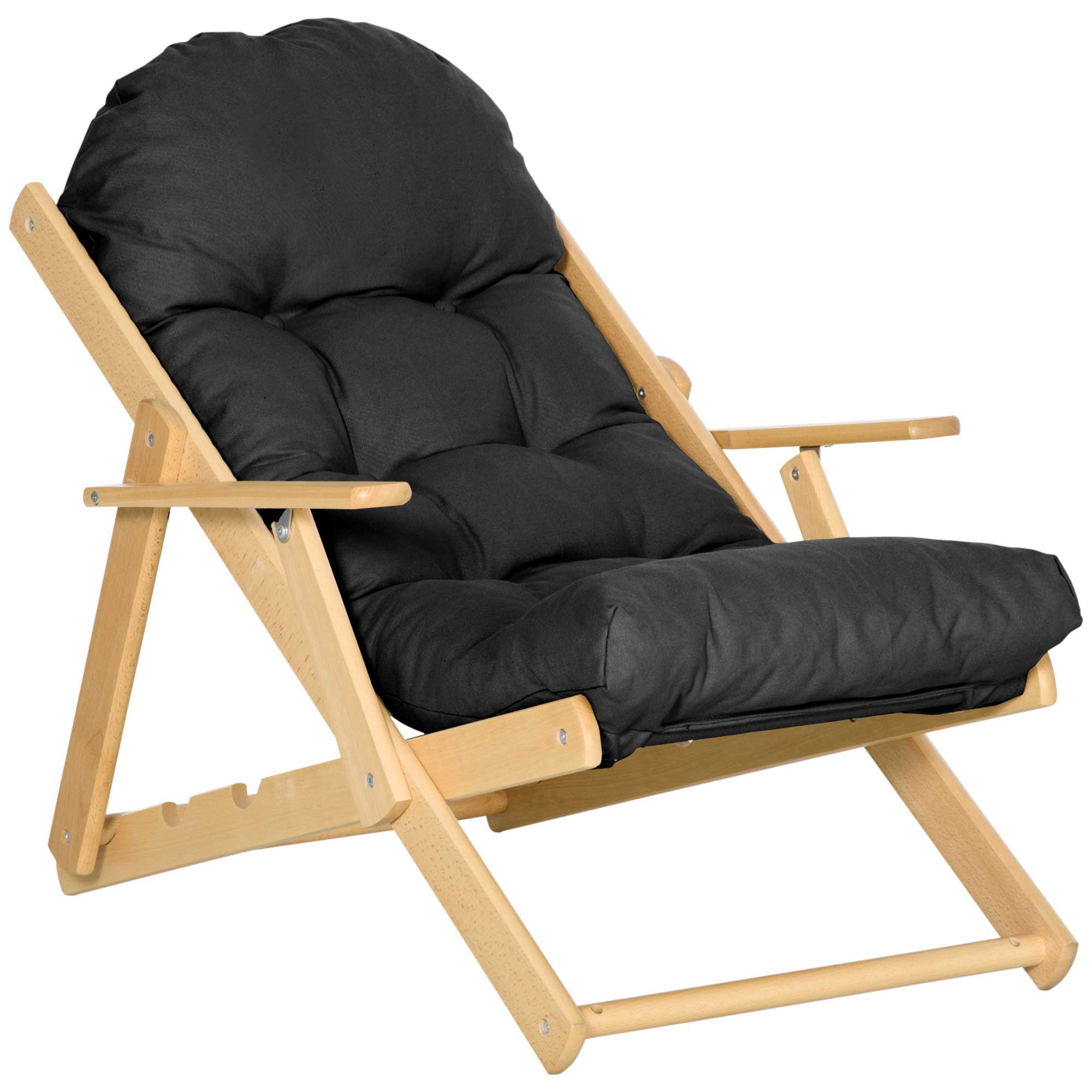 Fauteuil Chaise de Salon Pliable et inclinable en Bois Fauteuil Relax Confortable avec Coussin capitonné épais - 71 x 89 x 96 cm noir