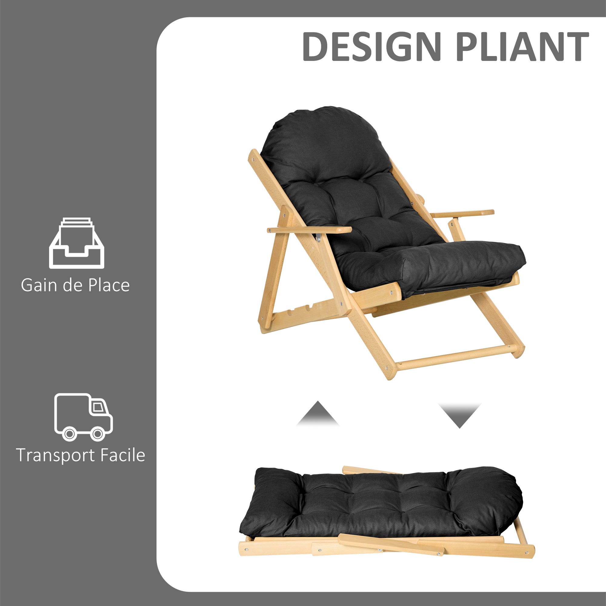 Fauteuil Chaise de Salon Pliable et inclinable en Bois Fauteuil Relax Confortable avec Coussin capitonné épais - 71 x 89 x 96 cm noir