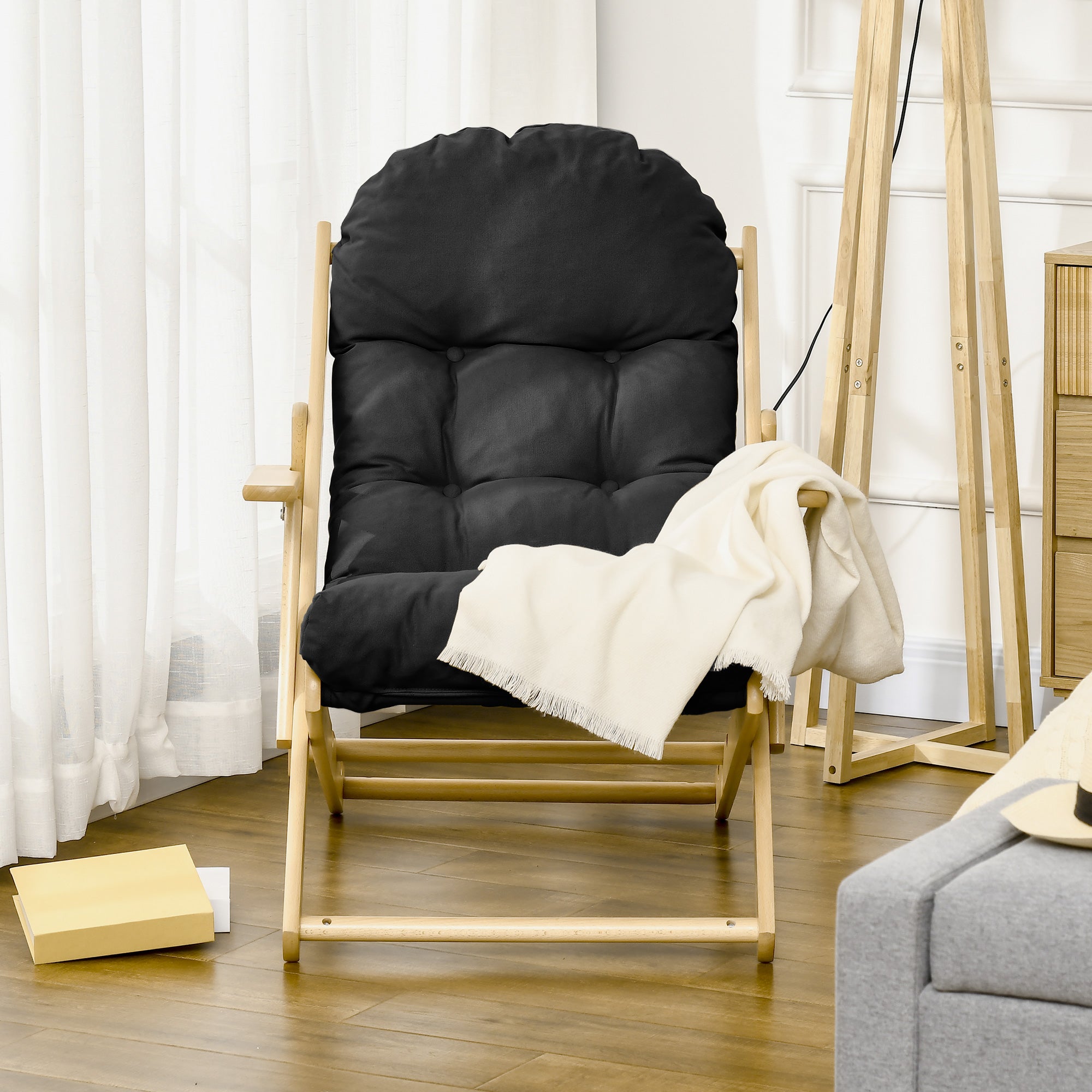 Fauteuil Chaise de Salon Pliable et inclinable en Bois Fauteuil Relax Confortable avec Coussin capitonné épais - 71 x 89 x 96 cm noir