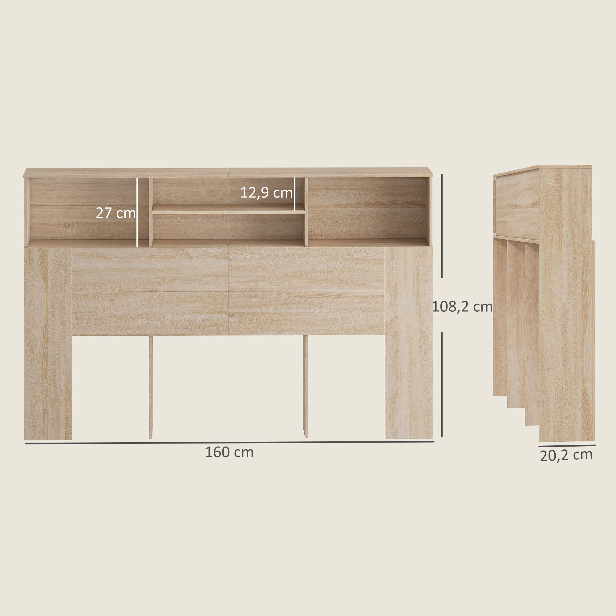 Tête de lit sur pied 160 cm avec rangements, accessoire de lit moderne avec 4 compartiments ouverts pour chambre, 160 x 20,2 x 108,2 cm, bois naturel