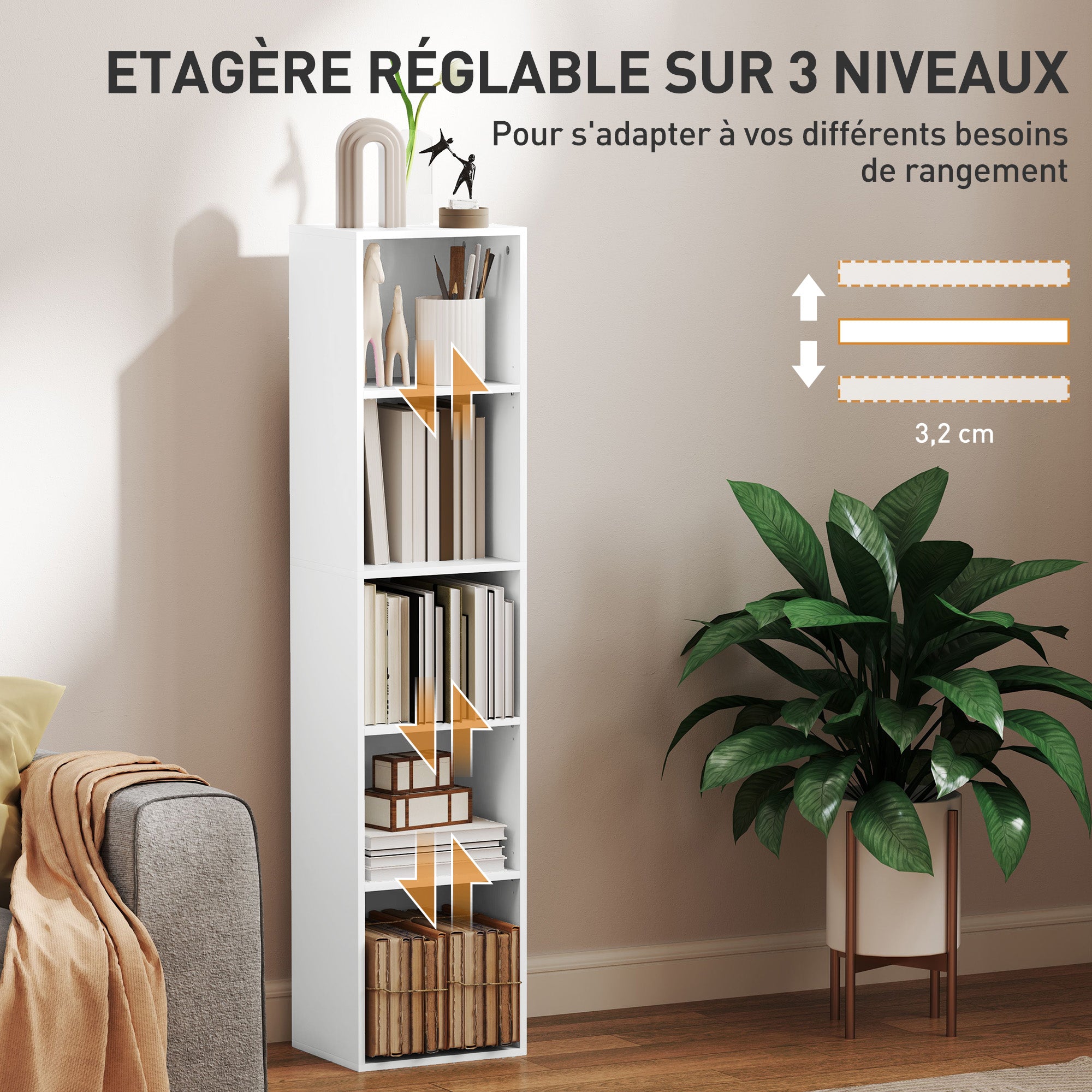 Bibliothèque, étagère de rangement 5 niveaux, meuble de rangement avec étagères réglables pour salon, chambre à coucher, bureau, 30 x 24 x 133,5 cm, blanc