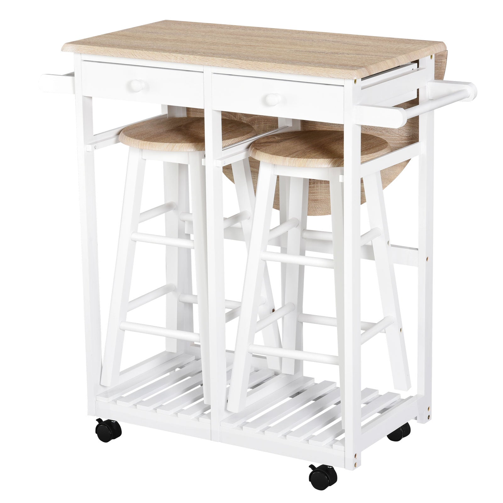 Ensemble Table de Bar Pliable sur roulettes avec étagère et 2 tiroirs + 2 tabourets Bois pin MDF Blanc chêne Clair