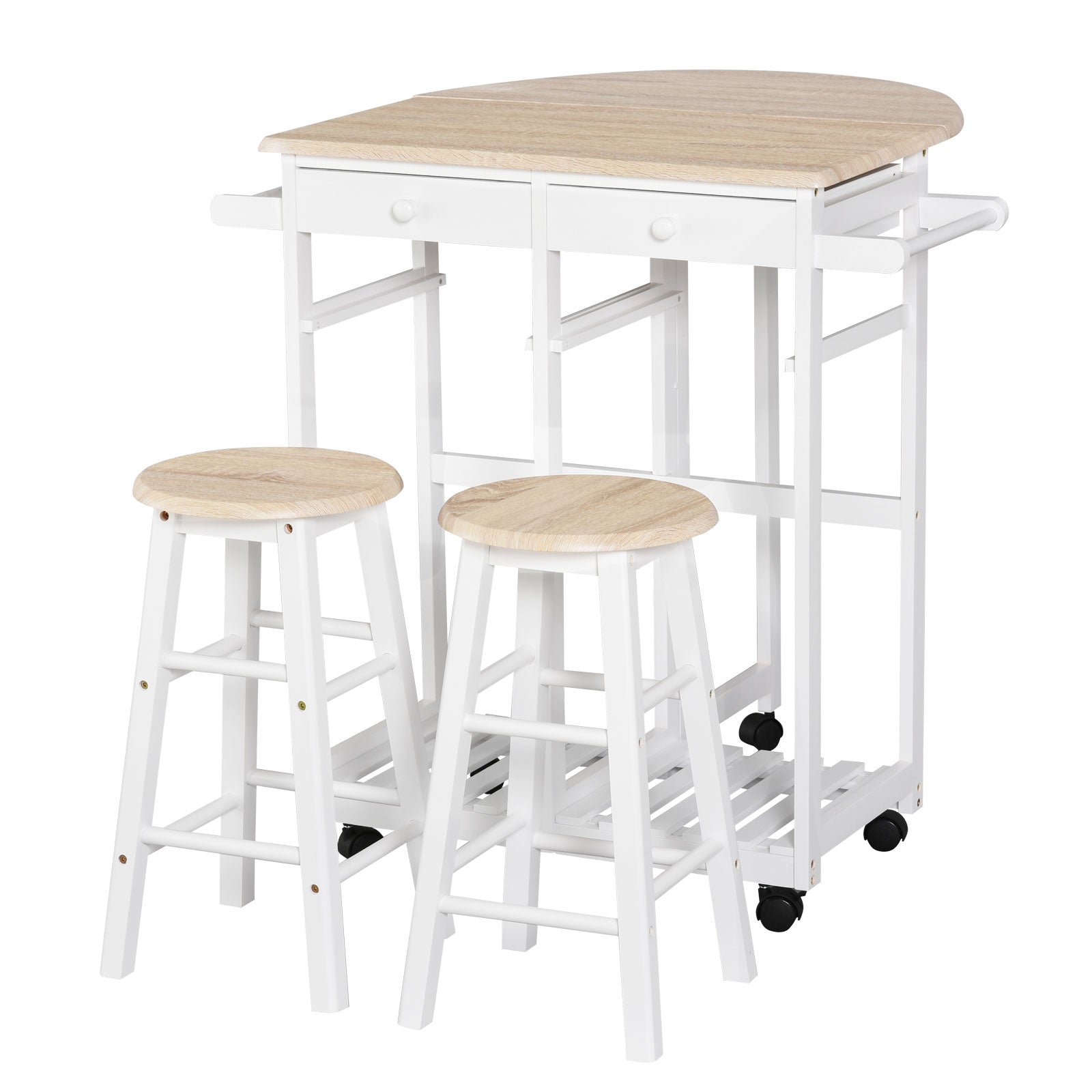 Ensemble Table de Bar Pliable sur roulettes avec étagère et 2 tiroirs + 2 tabourets Bois pin MDF Blanc chêne Clair