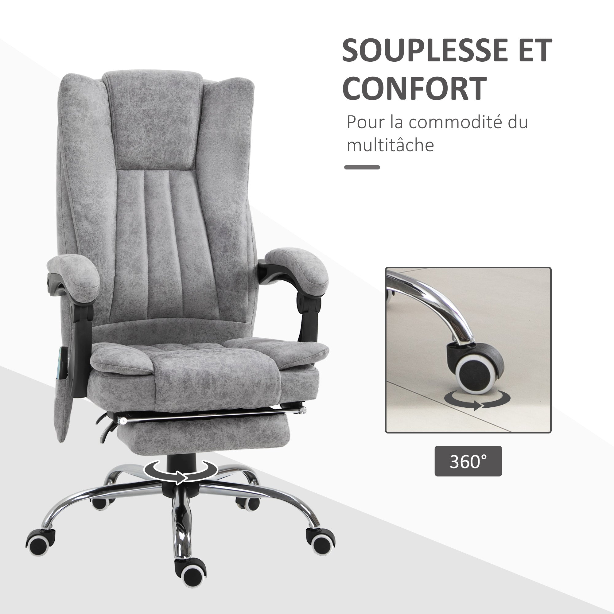 Fauteuil de bureau massant chauffant fauteuil bureau confortable hauteur réglable dossier inclinable repose-pied revêtement synthétique gris
