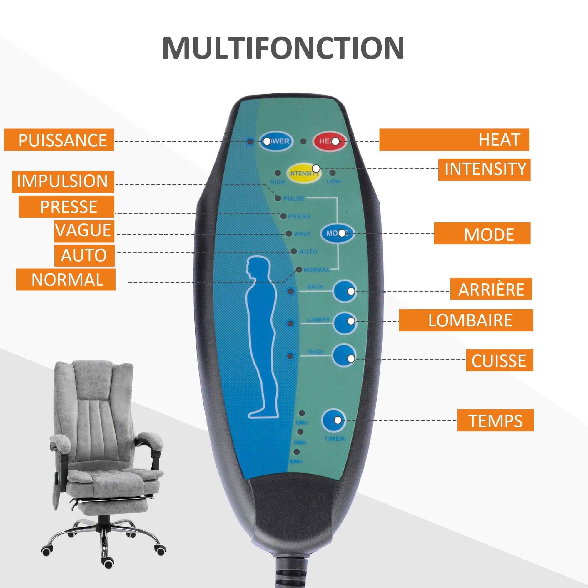 Fauteuil de bureau massant chauffant fauteuil bureau confortable hauteur réglable dossier inclinable repose-pied revêtement synthétique gris