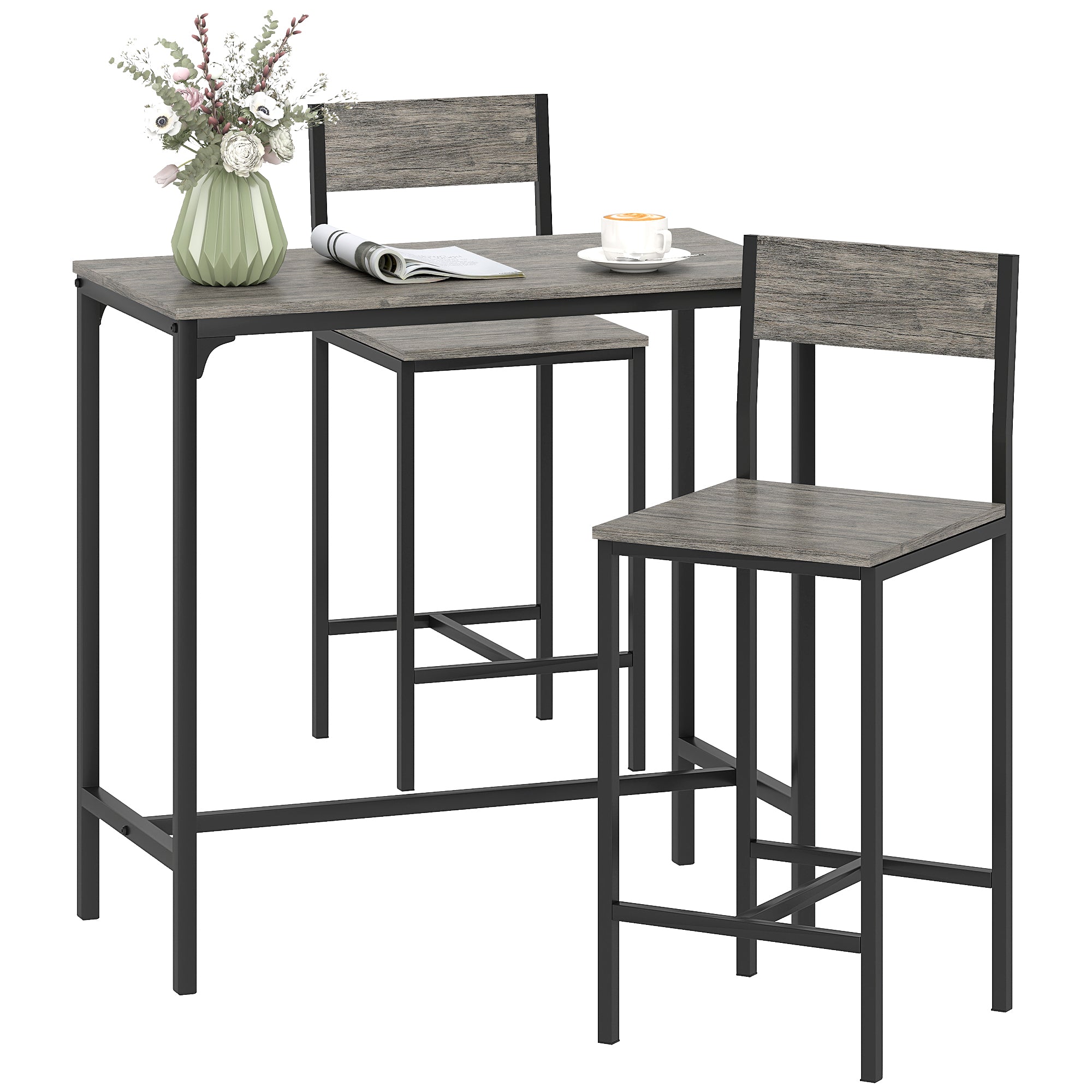 Ensemble table de bar avec tabourets, table à manger debout avec 2 chaises de bar, repose-pieds et dossiers, style industriel, cadre en métal, pour cuisine, salle à manger et salon, gris
