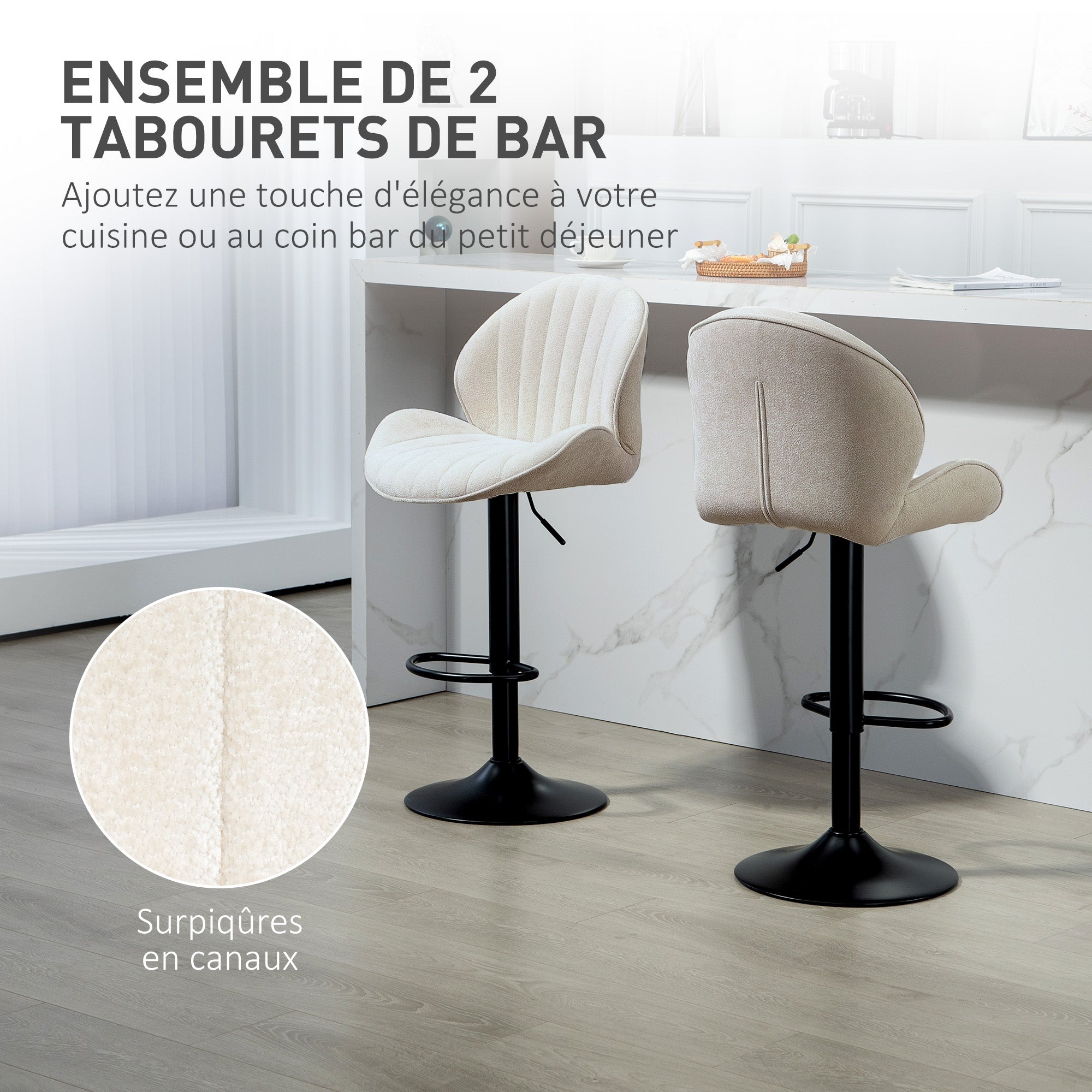 Lot de 2 tabourets de bar, chaises de bar pivotantes, forme de coquillage, chaise haute cuisine avec dossier, hauteur réglable et repose-pieds, cadre en acier, beige