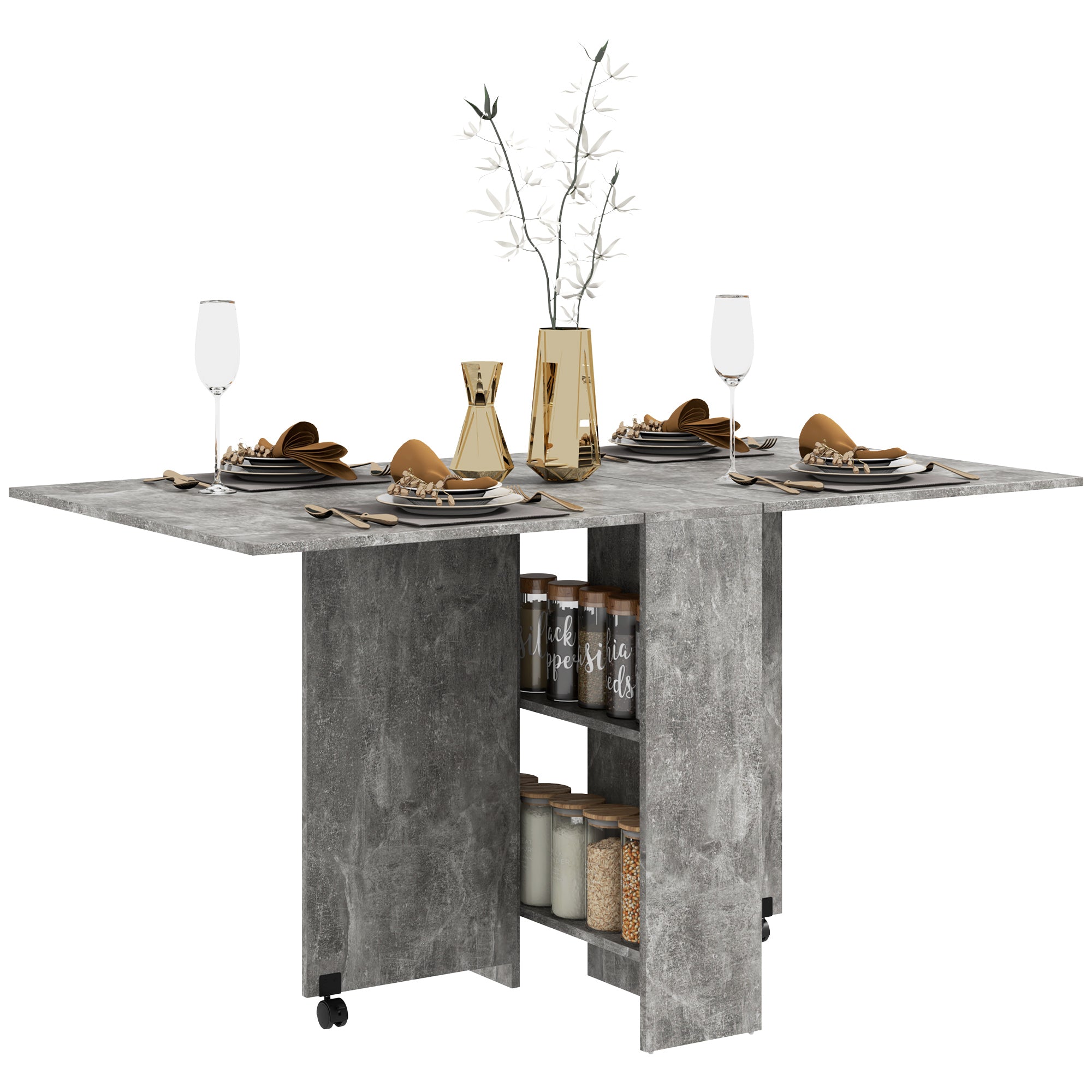 Table pliante de cuisine salle à manger amovible sur roulettes 75L x 140l x 74H cm 2 étagères intégrées en bois coloris gris